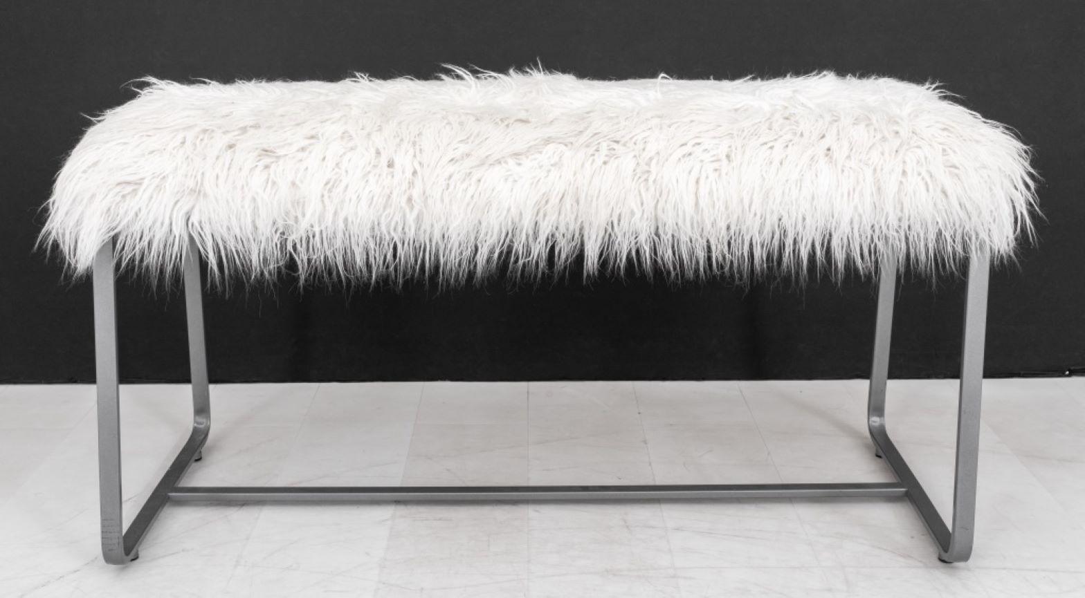 Modern metal bench, rectangular, the faux Mongolian lamb upholstered seat above two grey enameled metal supports conjoined by a stretcher.  22
