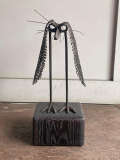 Modern Metal Bird Sculpture on Cerused Oak Base