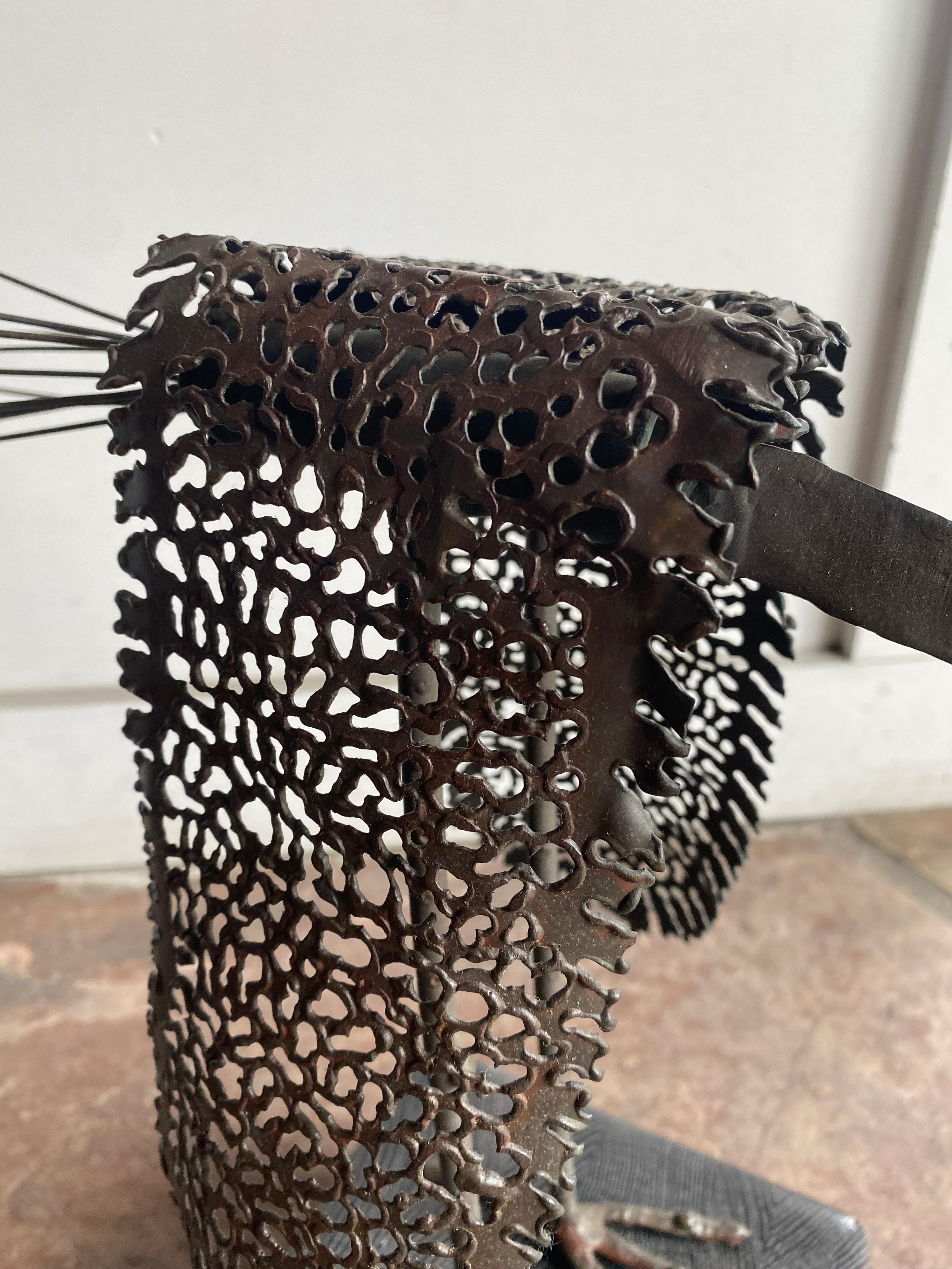 Brutalist Modern Metal Bird Sculpture on Cerused Oak Base For Sale