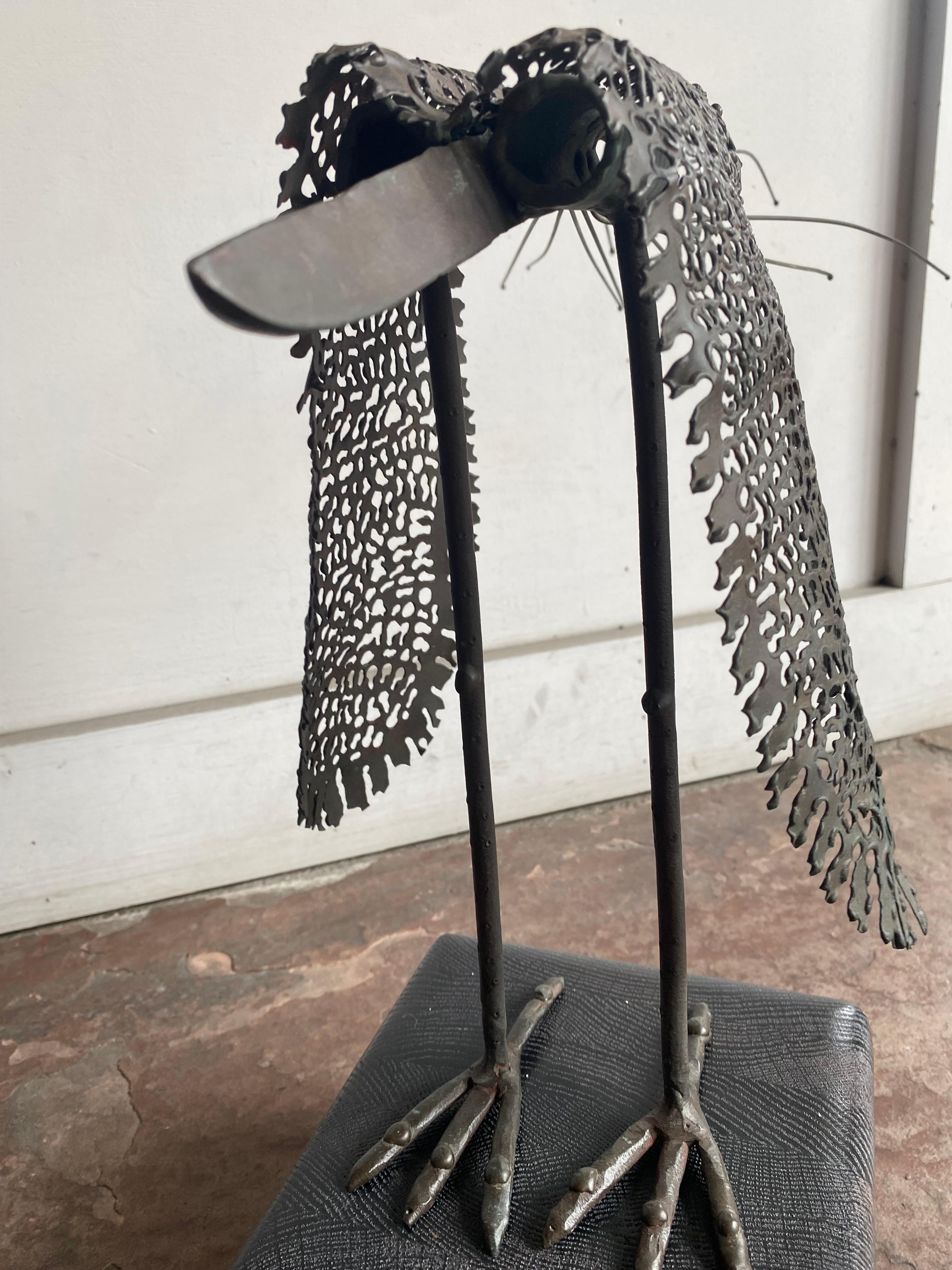 Modern Metal Bird Sculpture on Cerused Oak Base For Sale 1