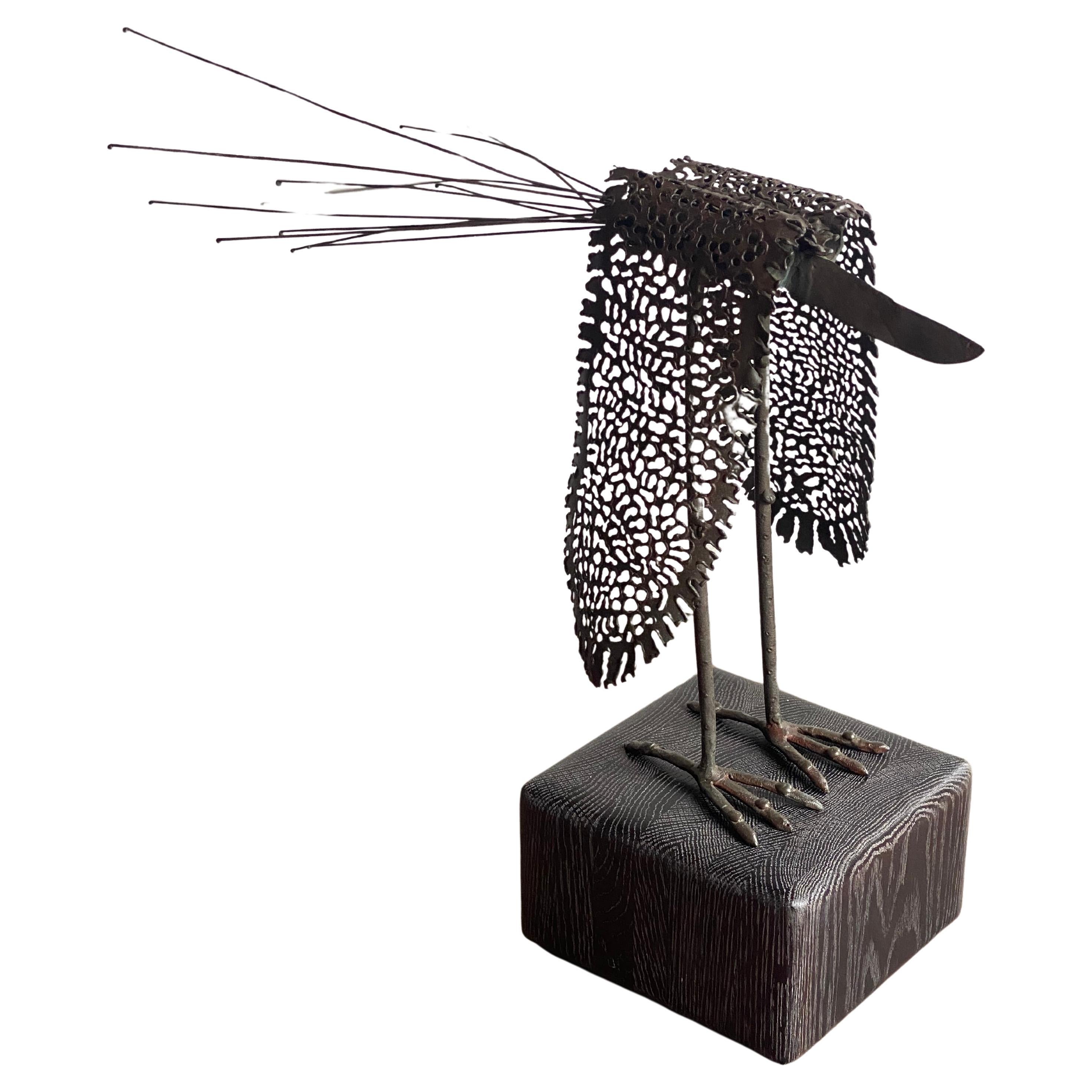 Modern Metal Bird Sculpture on Cerused Oak Base For Sale