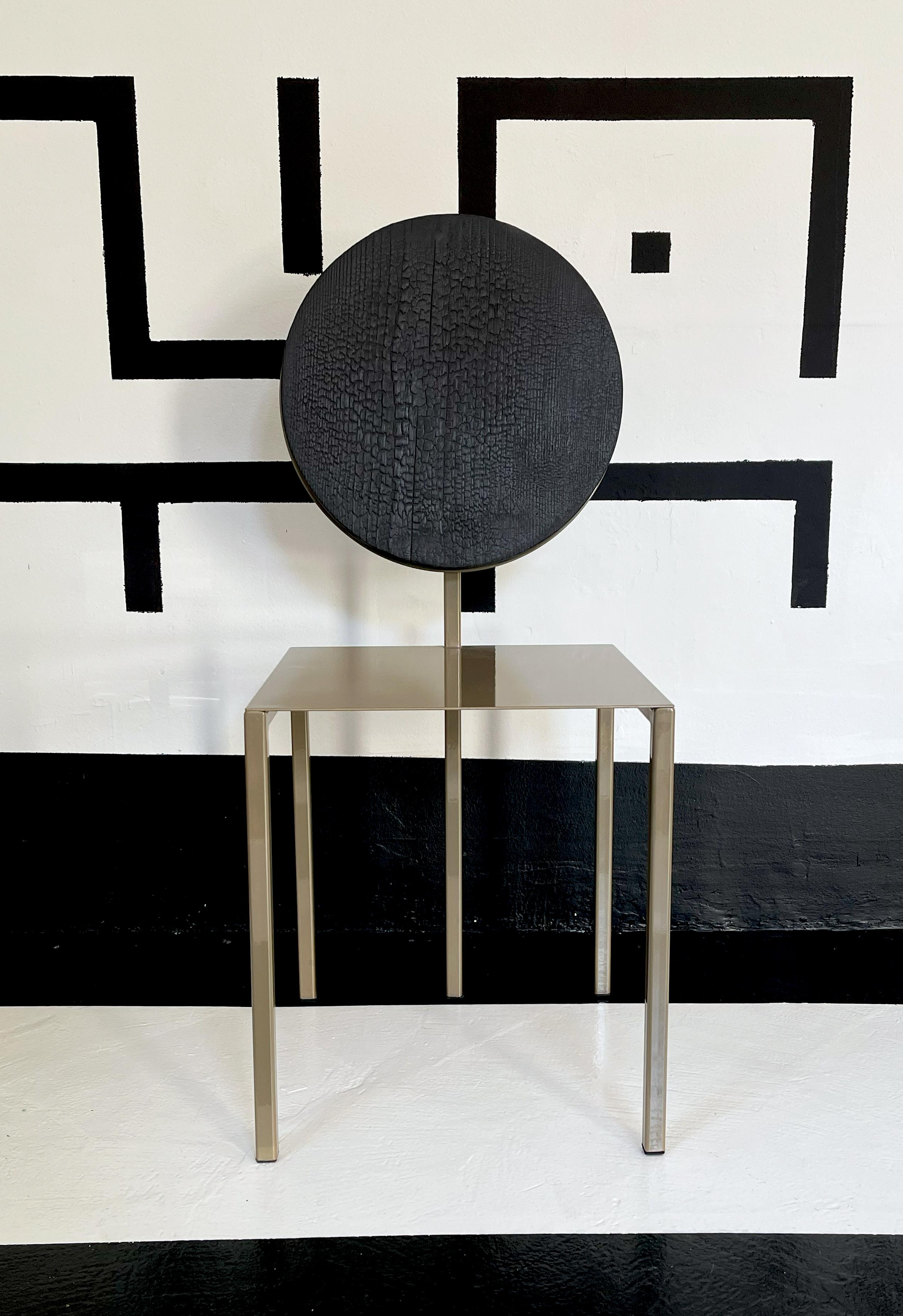 The elegant and exclusive Pendolo chairs combine elementary but at the same time audacious geometries giving life to a singular sits with five legs. The wood material is revisited through a superficial burn process. The italian artisans make use of