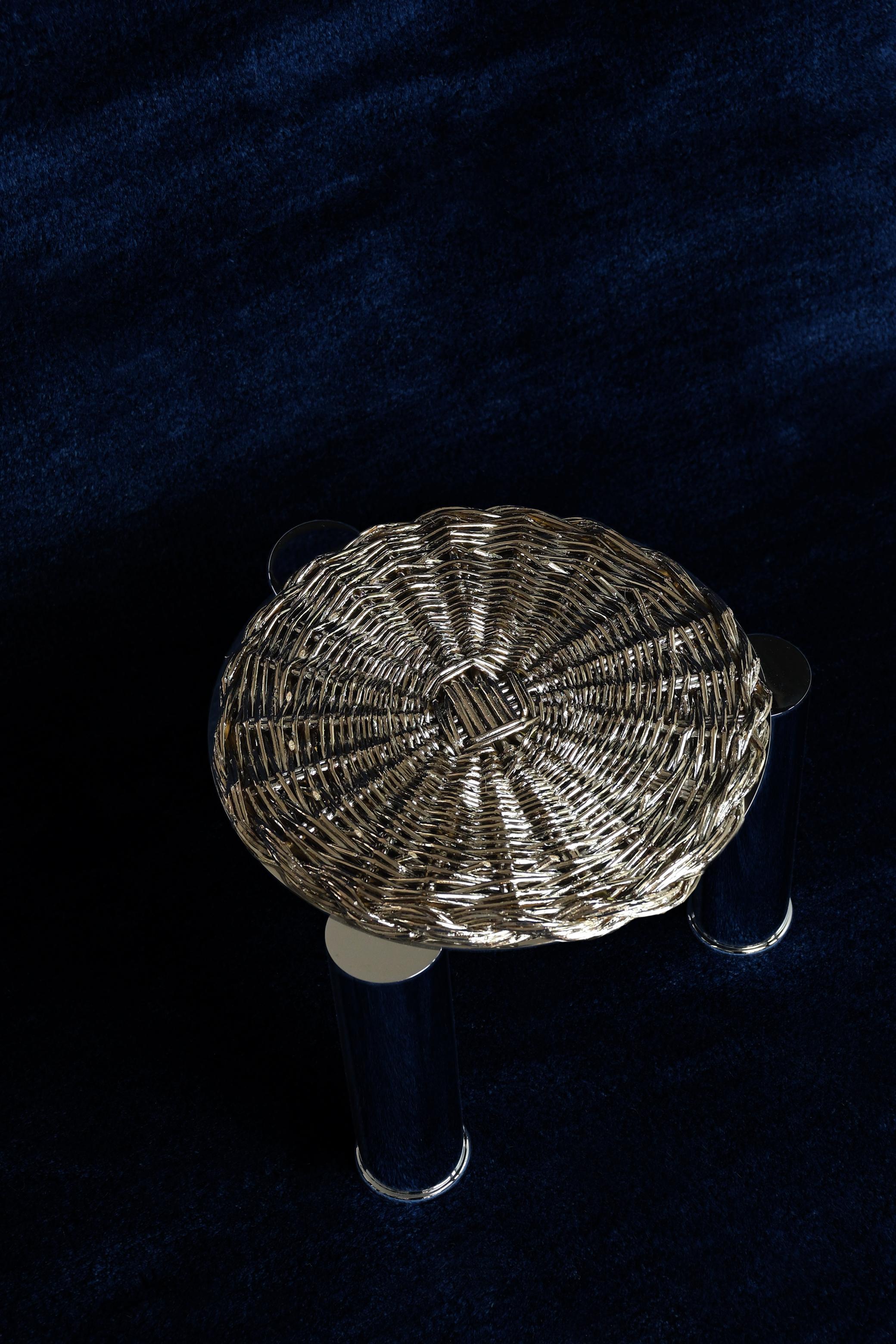Hand-Crafted Modern Metal-Plated Coffee Table in rattan, chrome, Made in Italy- set of 2 For Sale