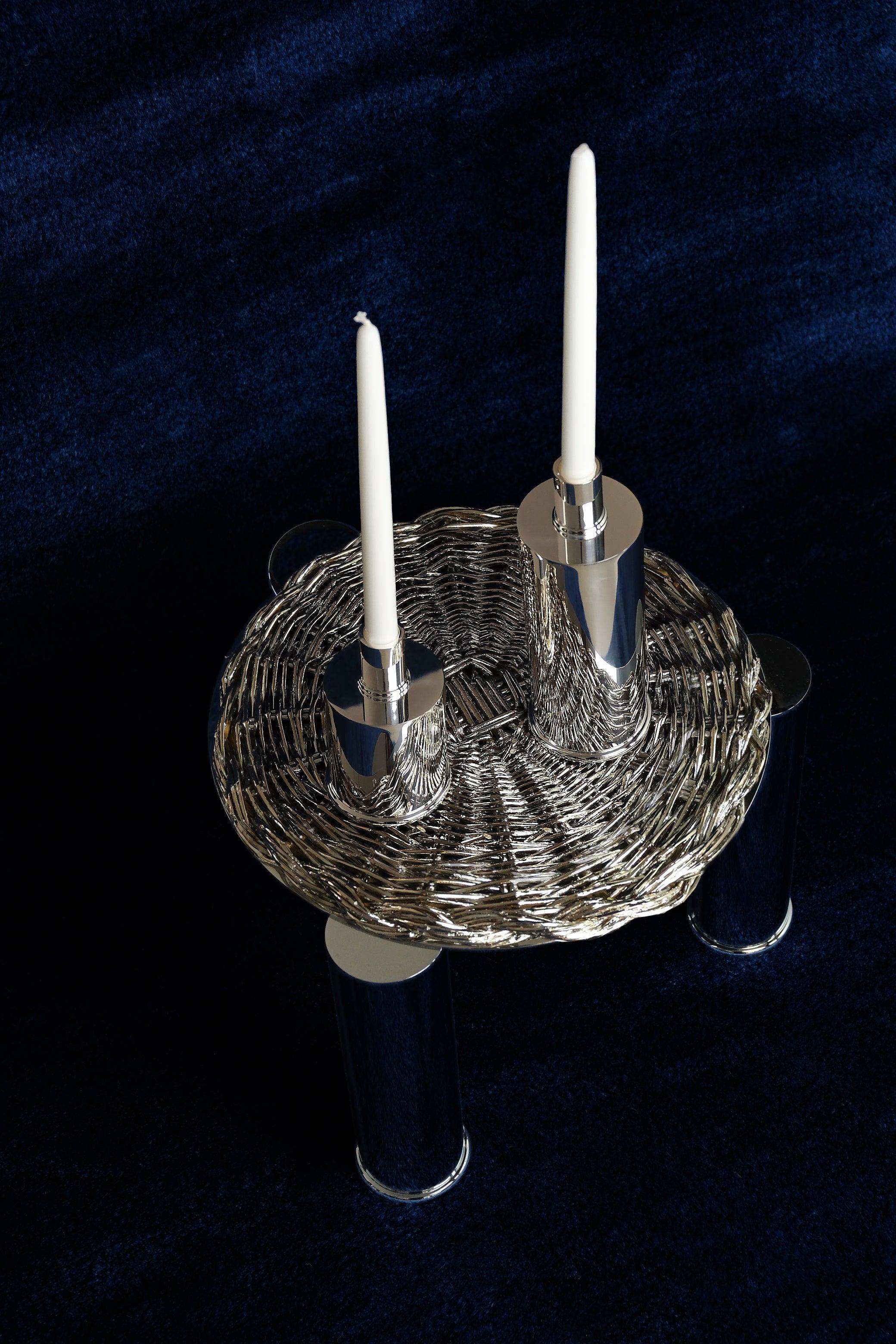 Contemporary Modern Metal-Plated Coffee Table in rattan, chrome, Made in Italy- set of 2 For Sale
