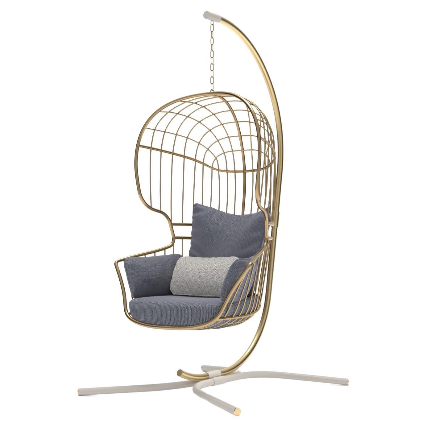Modern Metallic Gold Plated Hanging Chair with Base in White Lacquered