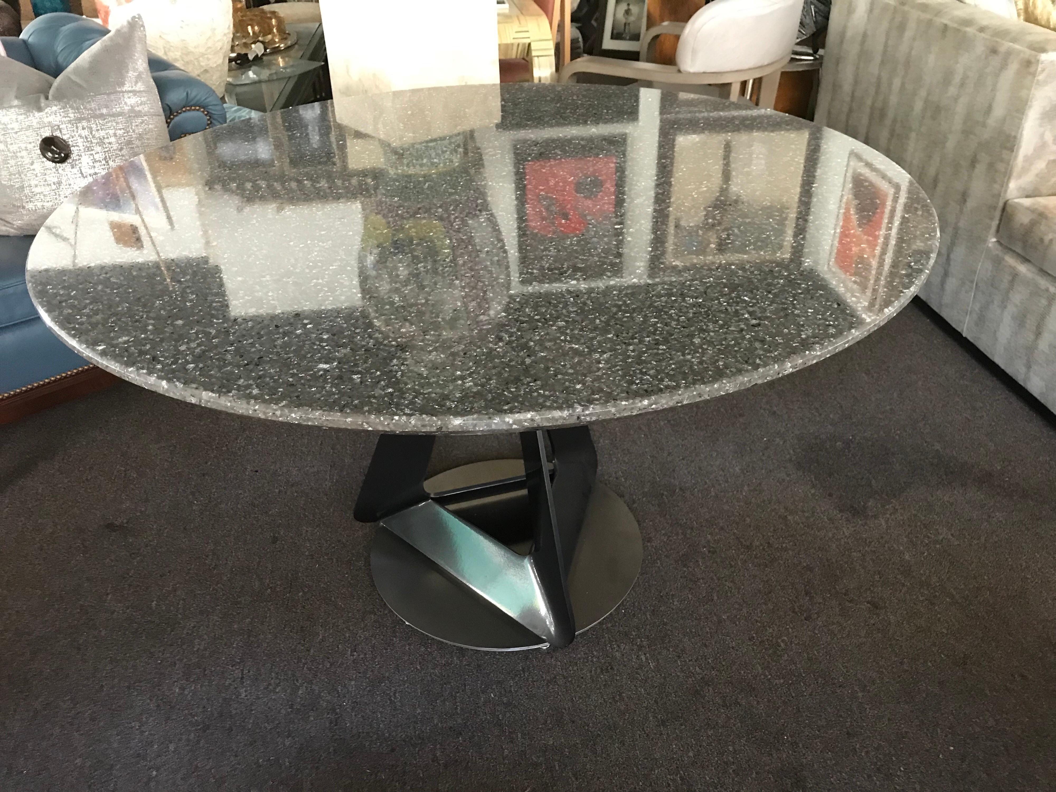 Metallic Quartz Game or Dining Table with Modern Art Sculpture Base In Good Condition In Palm Springs, CA