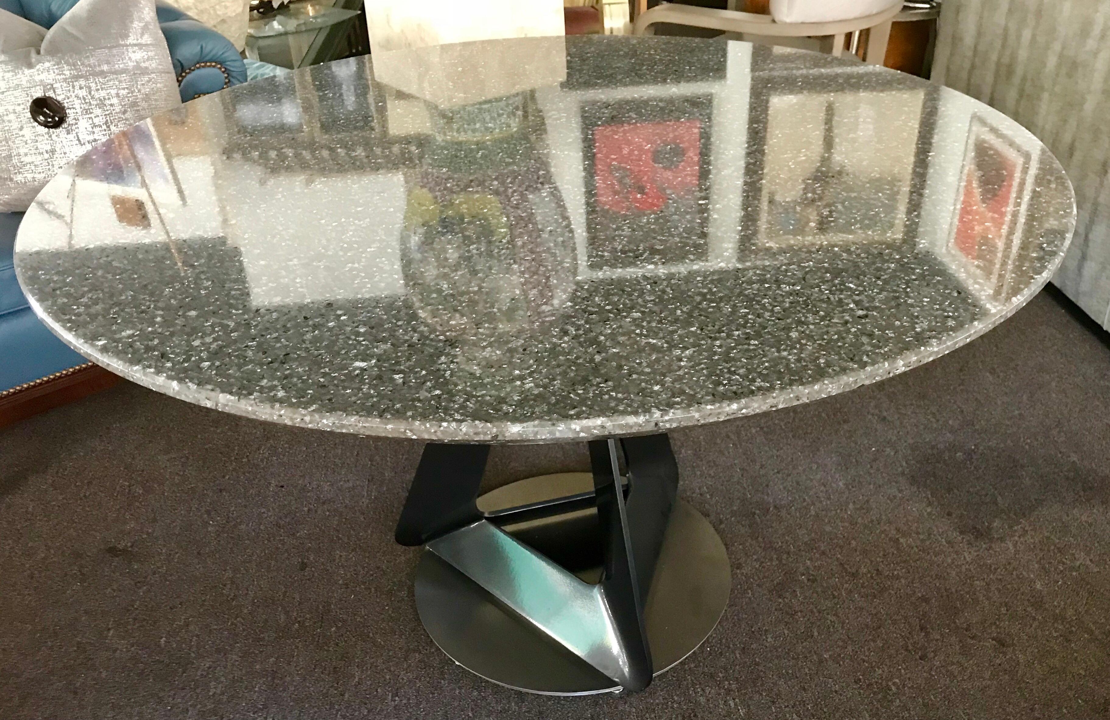 Unknown Metallic Quartz Game or Dining Table with Modern Art Sculpture Base