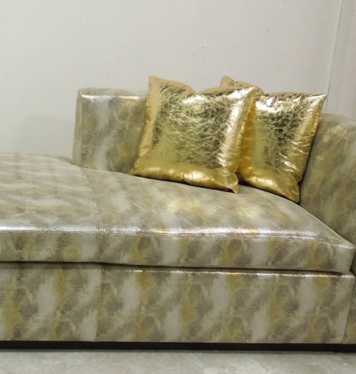 A spectacular, glamorous, high end, piece of one of a kind furniture! Custom made modern sofa made in most expensive designer metallic textured leather in mottled silver, gold and bronze. handmade in Los Angeles Design Factory. Designed with custom