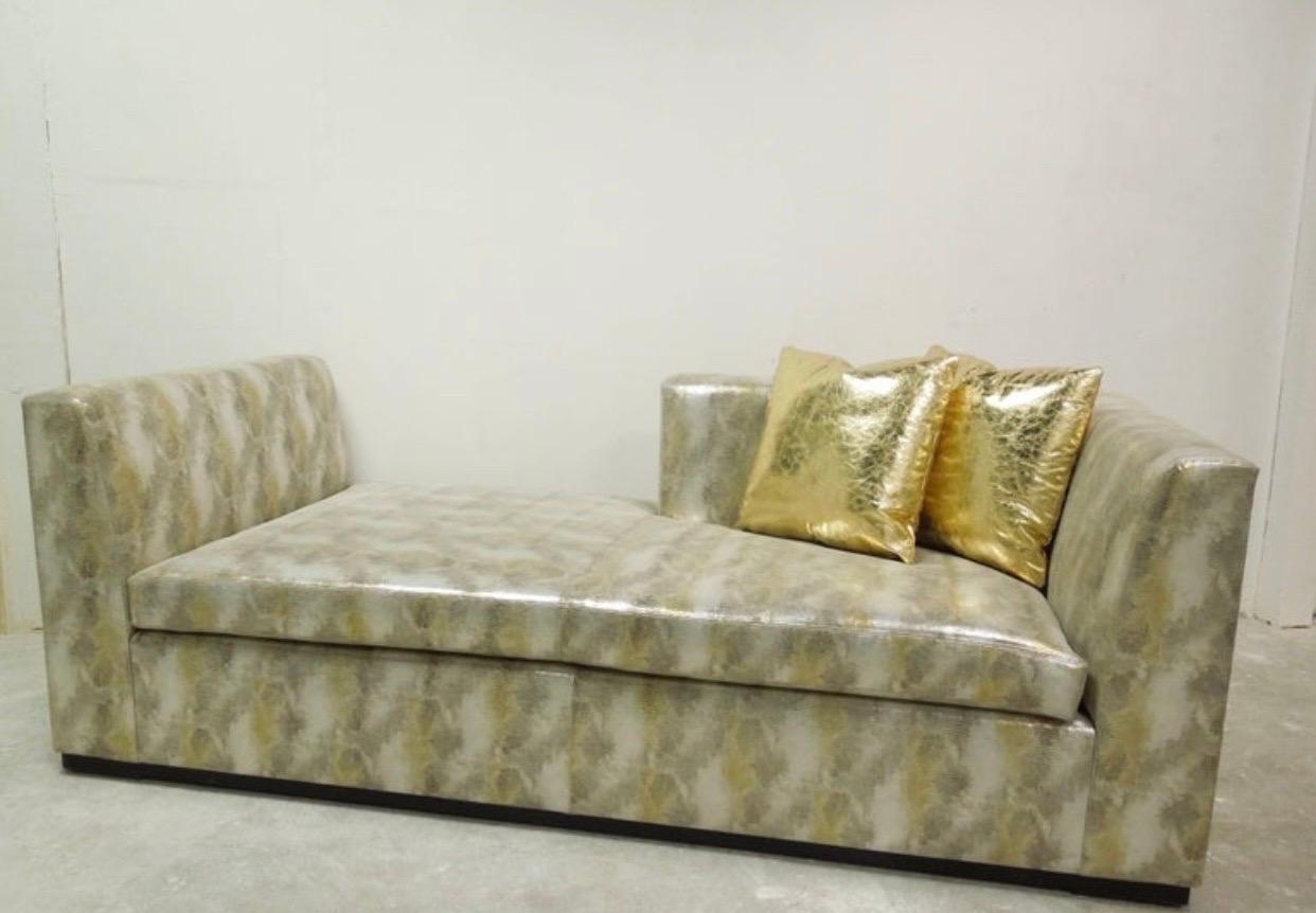 Hand-Crafted Modern Metallic Silver and Gold Leather Chaise Lounge Custom Made For Sale