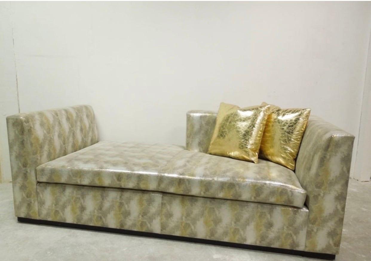 Modern Metallic Silver and Gold Leather Chaise Lounge Custom Made In Good Condition For Sale In Palm Springs, CA