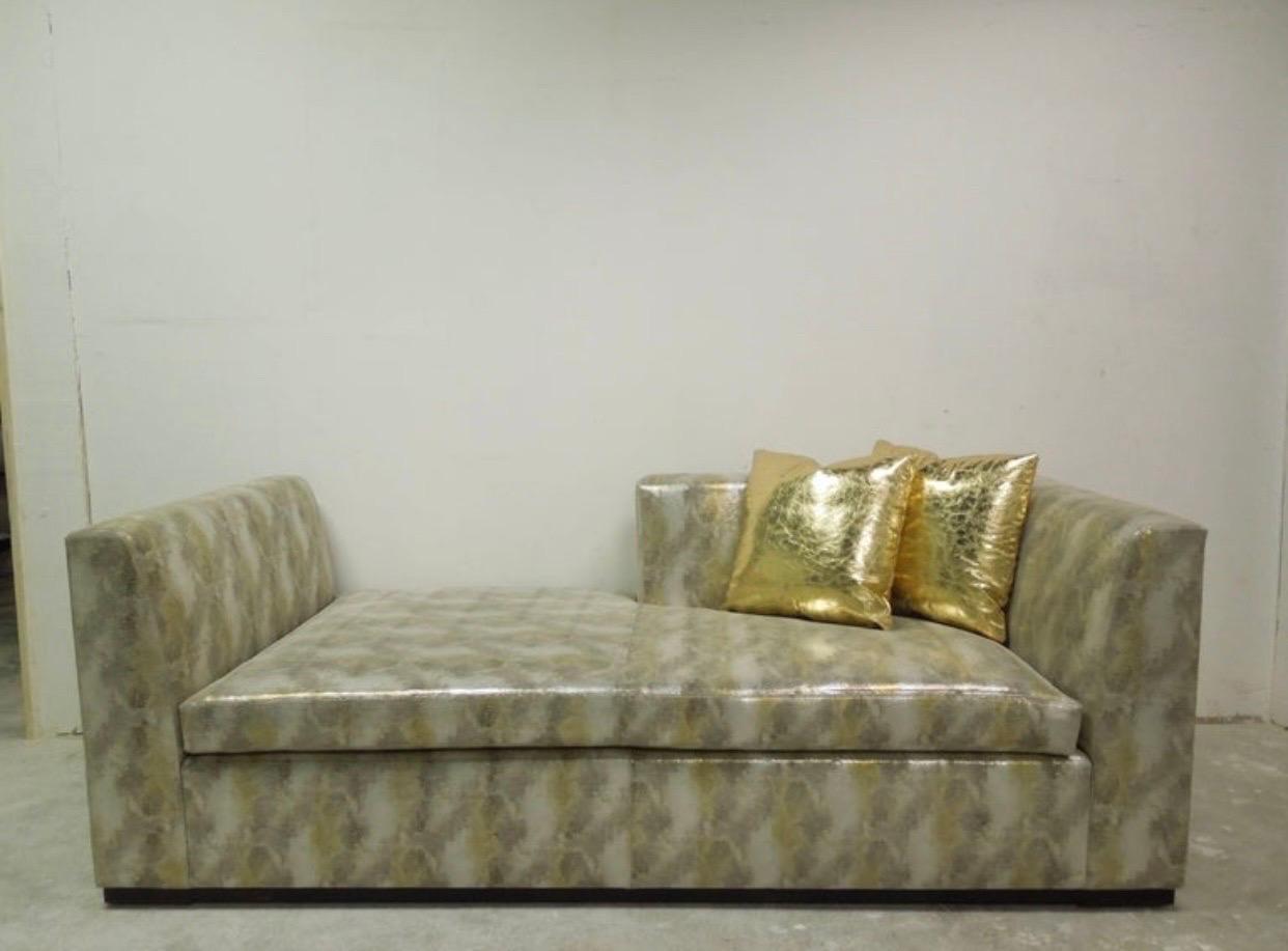 Contemporary Modern Metallic Silver and Gold Leather Chaise Lounge Custom Made For Sale