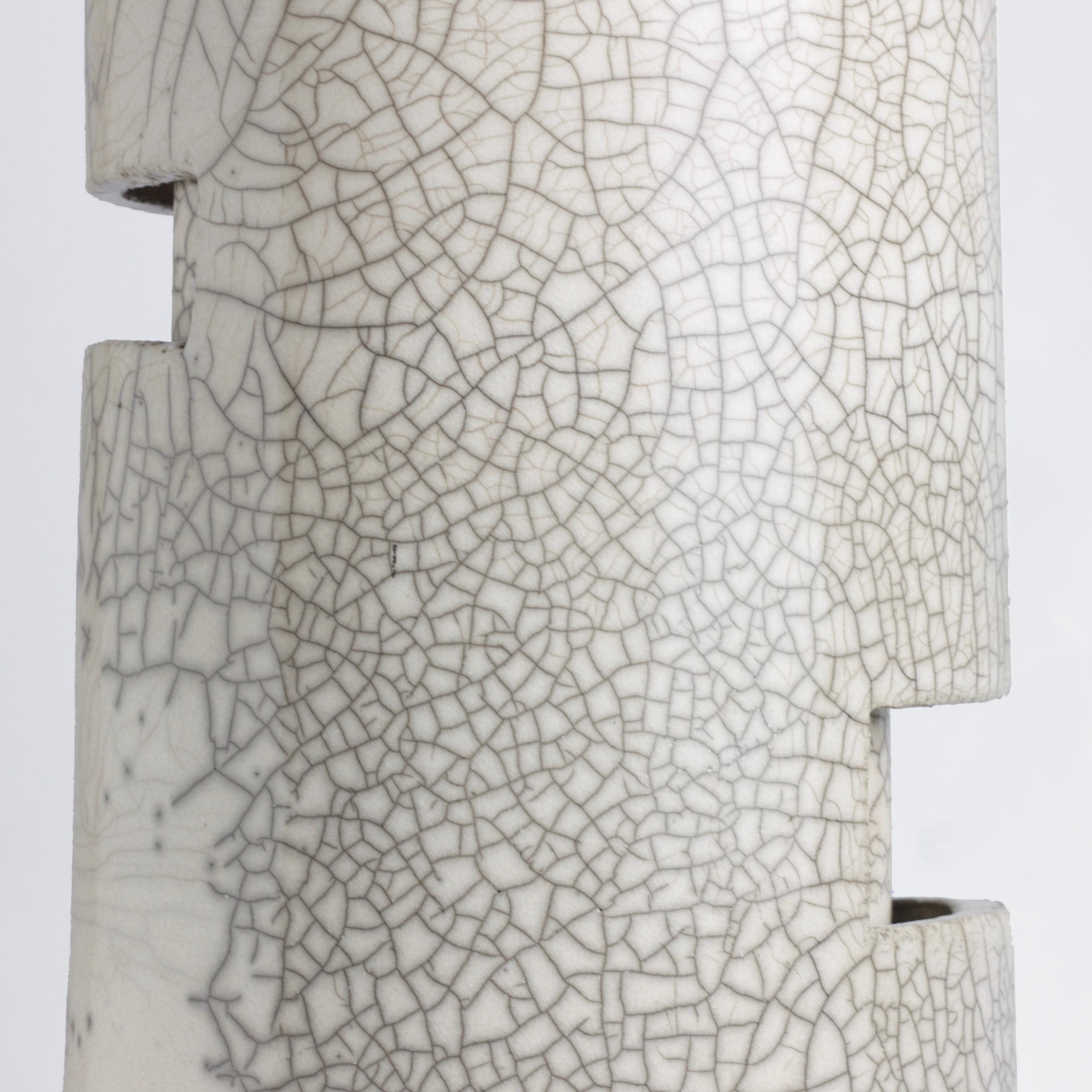 Modern Metropolis L Candle Holder Sculpture Raku Ceramic White Crakle For Sale 4
