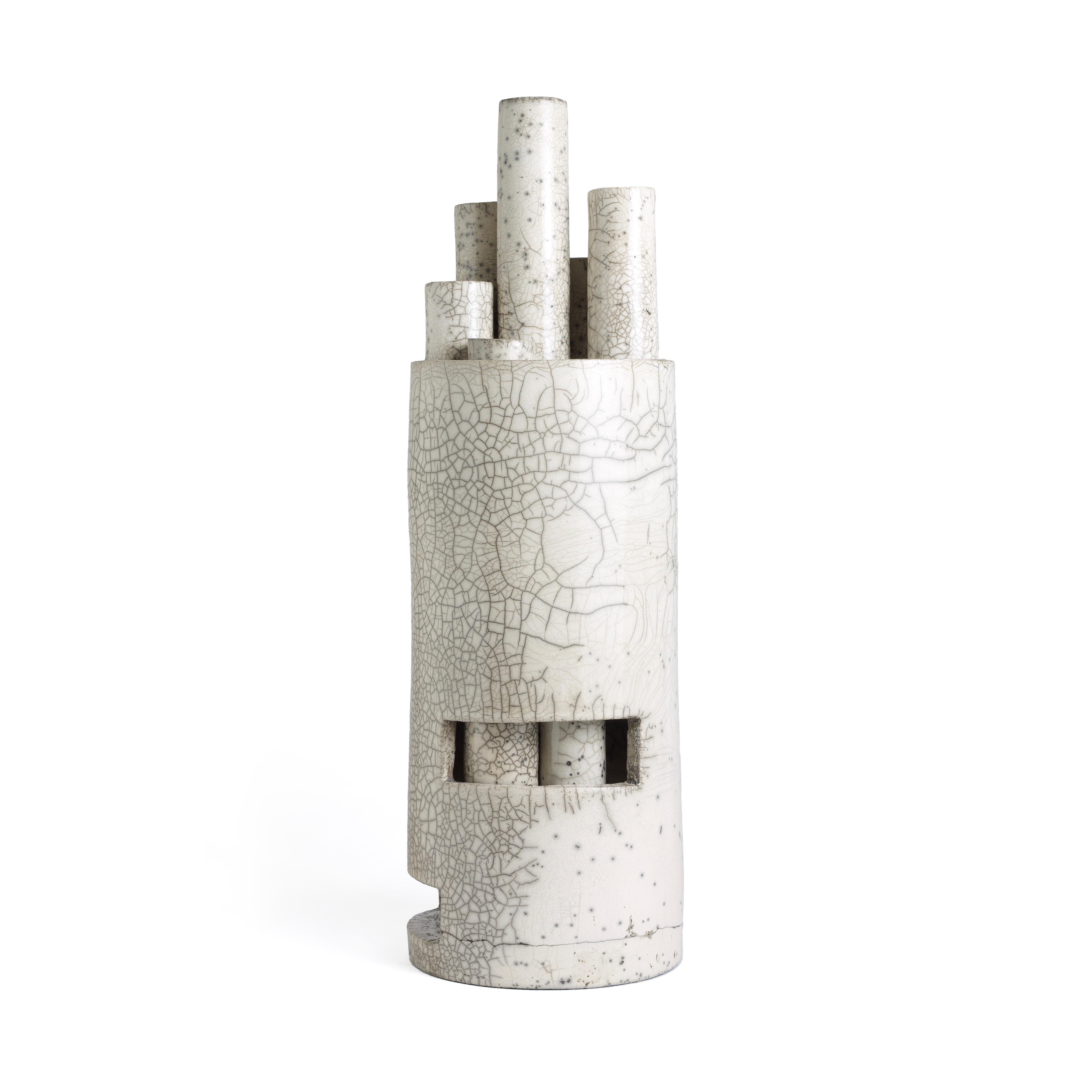 Italian Modern Metropolis L Candle Holder Sculpture Raku Ceramic White Crakle For Sale