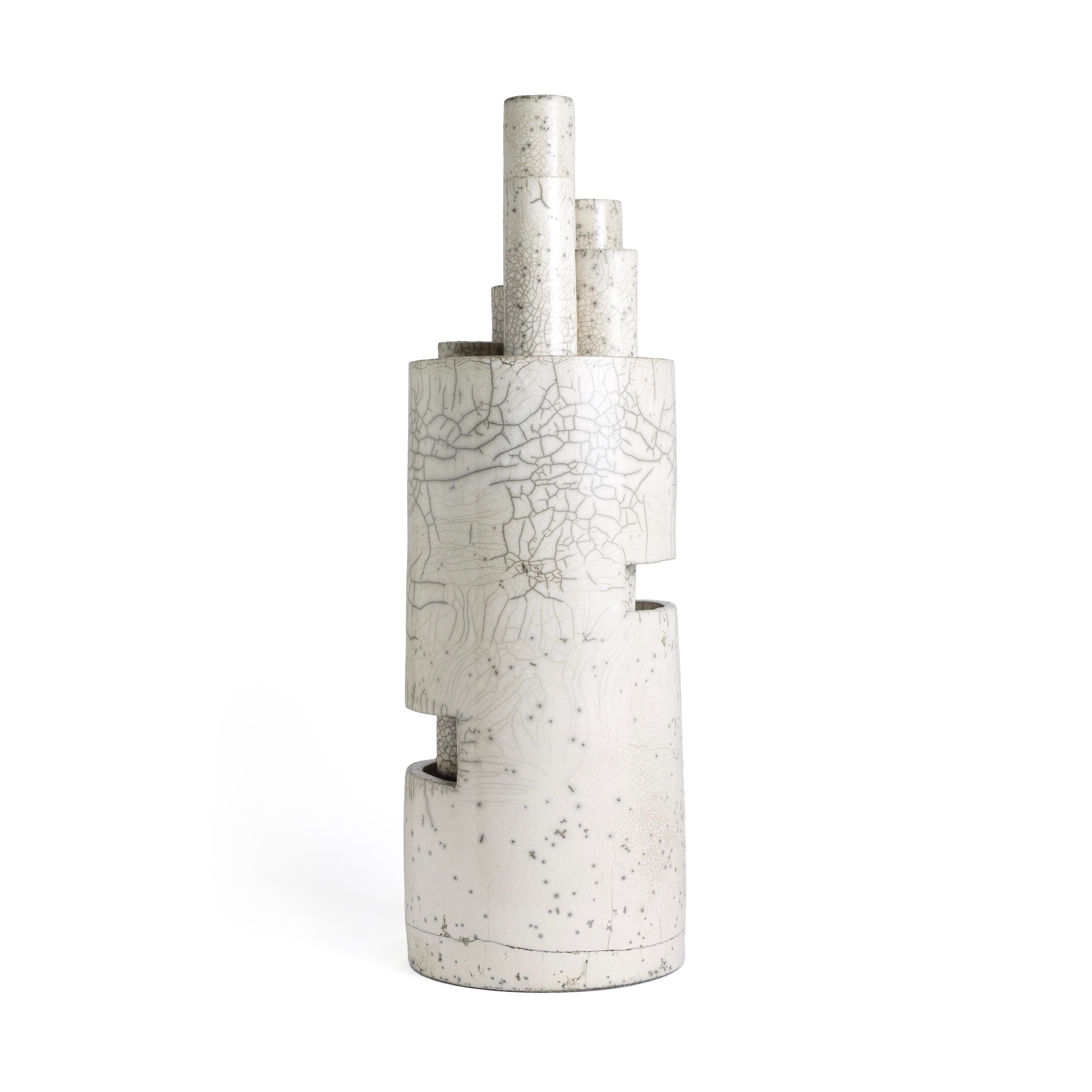 Modern Metropolis L Candle Holder Sculpture Raku Ceramic White Crakle In New Condition For Sale In monza, Monza and Brianza