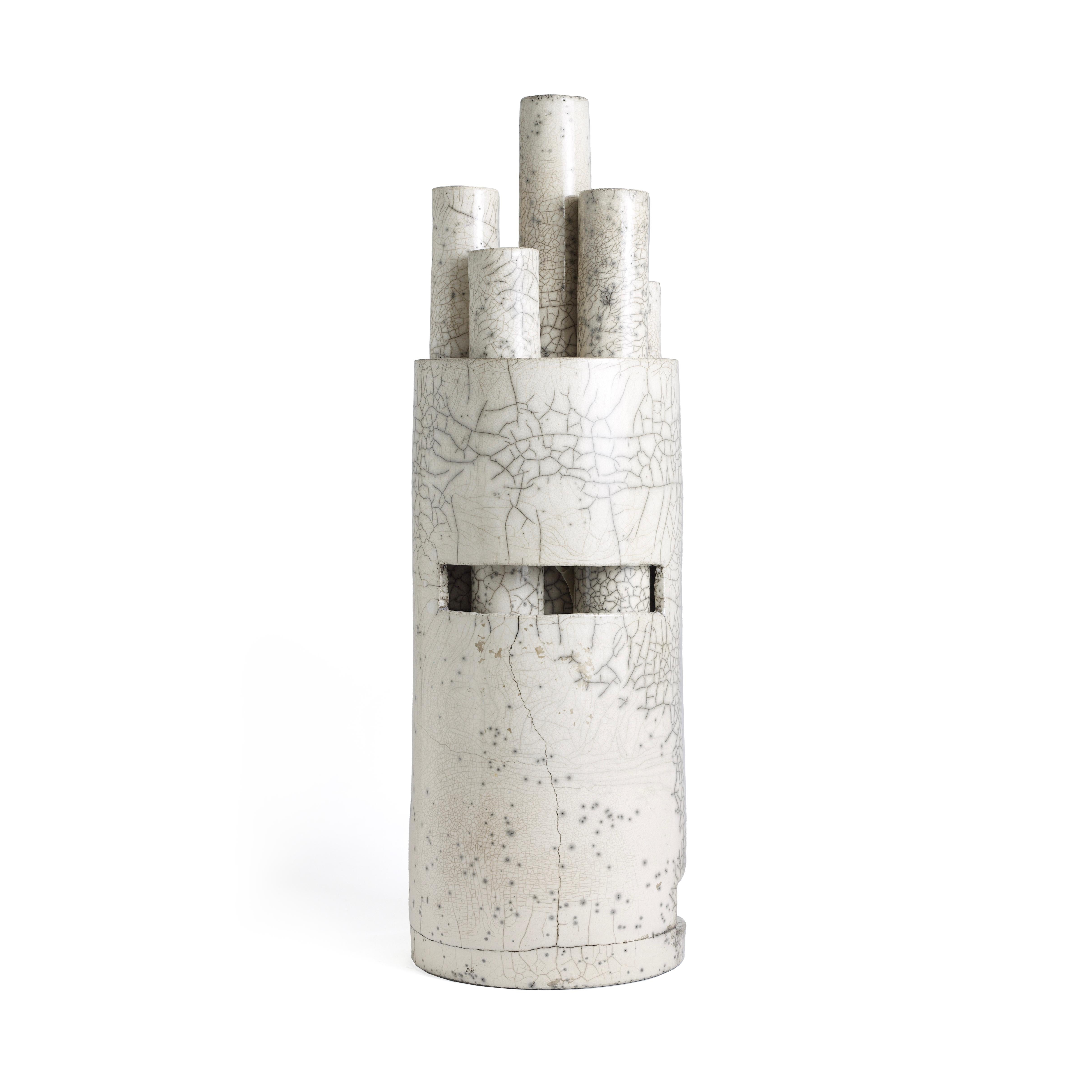 Contemporary Modern Metropolis L Candle Holder Sculpture Raku Ceramic White Crakle For Sale