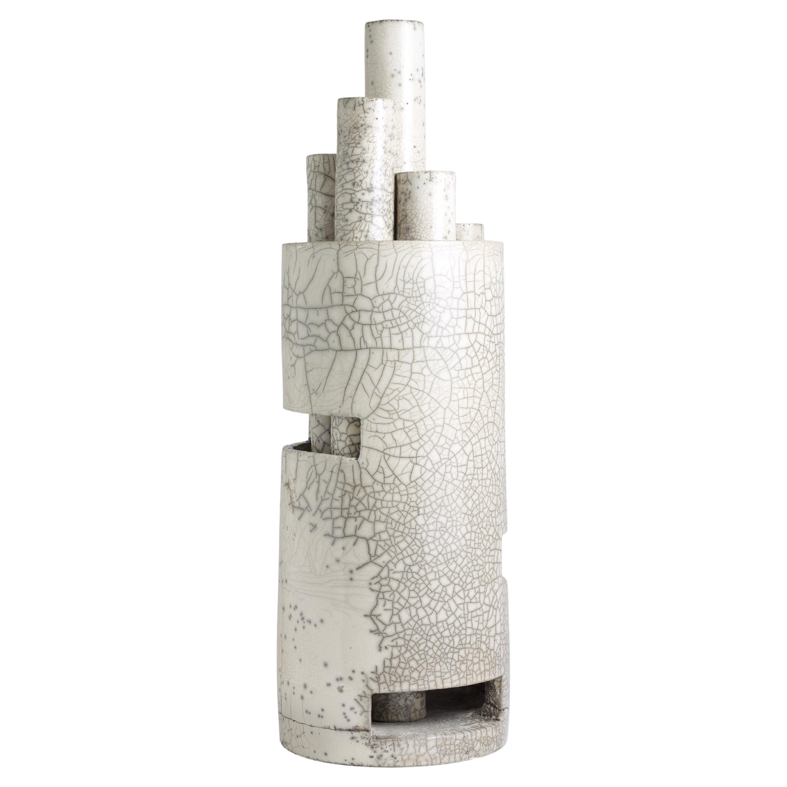 Modern Metropolis L Candle Holder Sculpture Raku Ceramic White Crakle For Sale