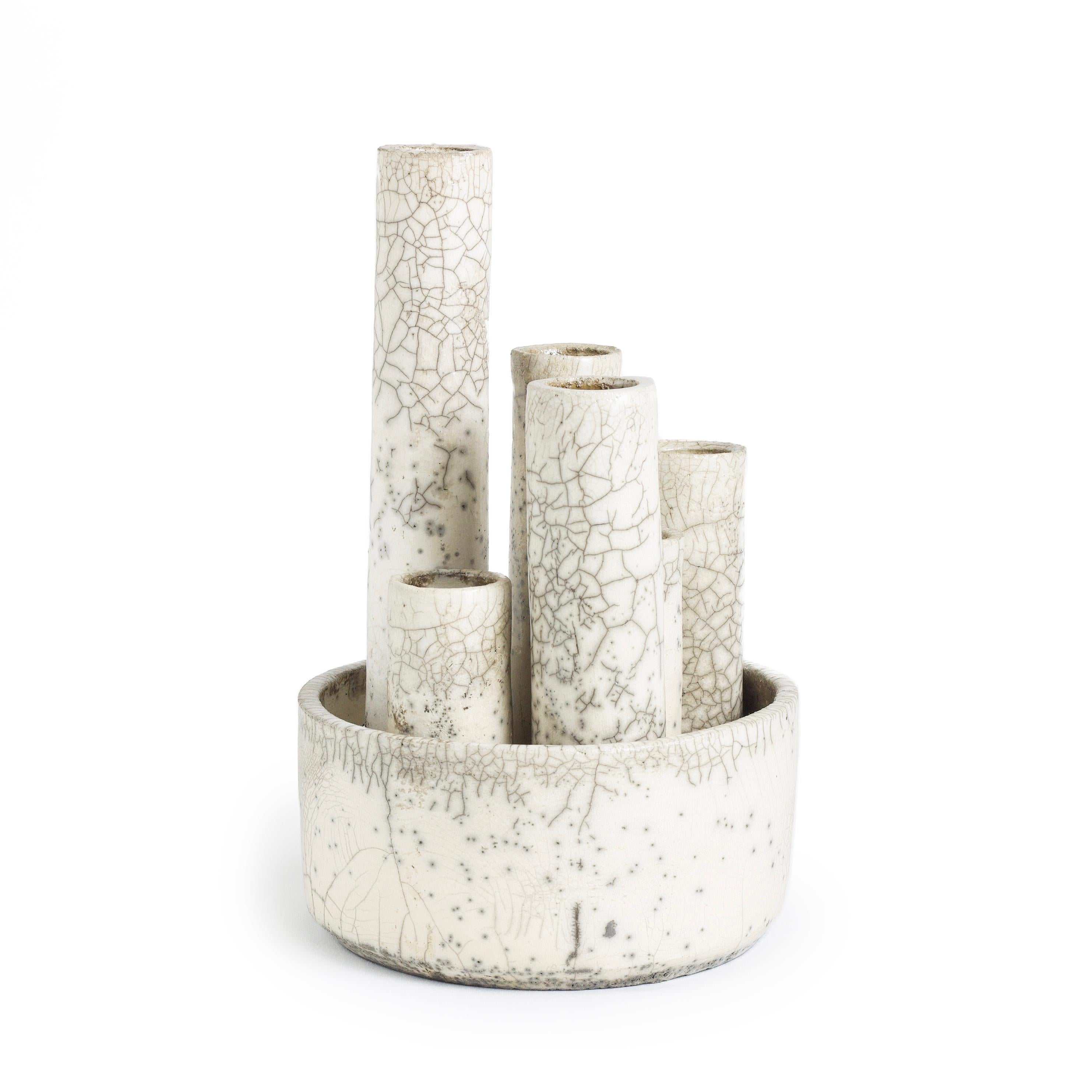 Italian Modern Metropolis M Candle Holder Sculpture Raku Ceramic White Crakle For Sale