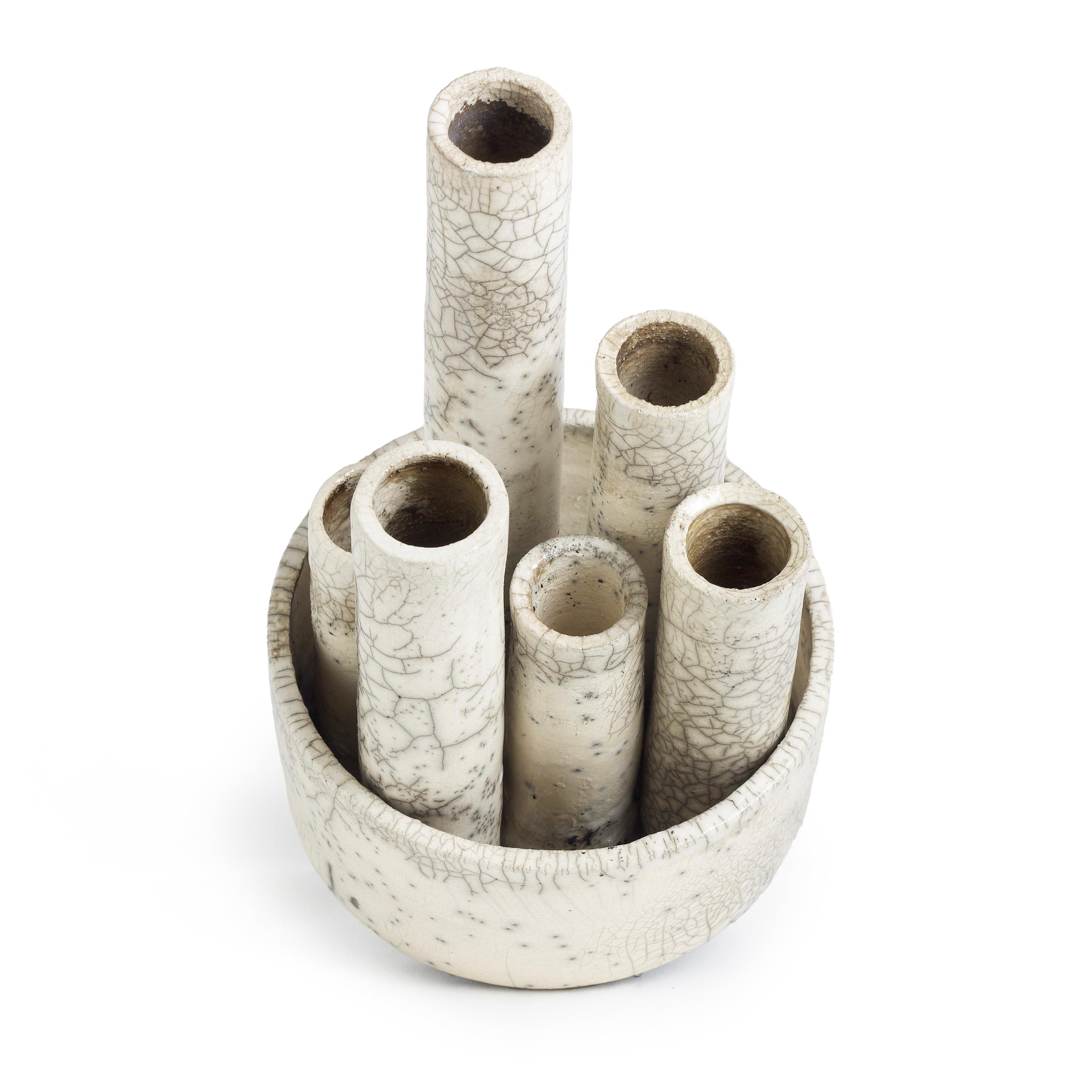 Modern Metropolis M Candle Holder Sculpture Raku Ceramic White Crakle In New Condition For Sale In monza, Monza and Brianza