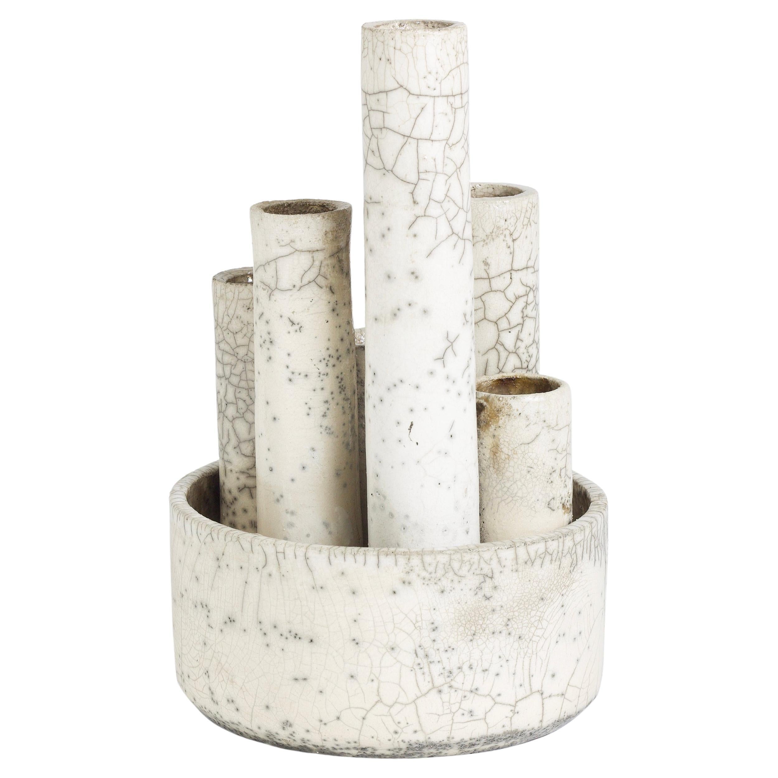 Modern Metropolis M Candle Holder Sculpture Raku Ceramic White Crakle For Sale