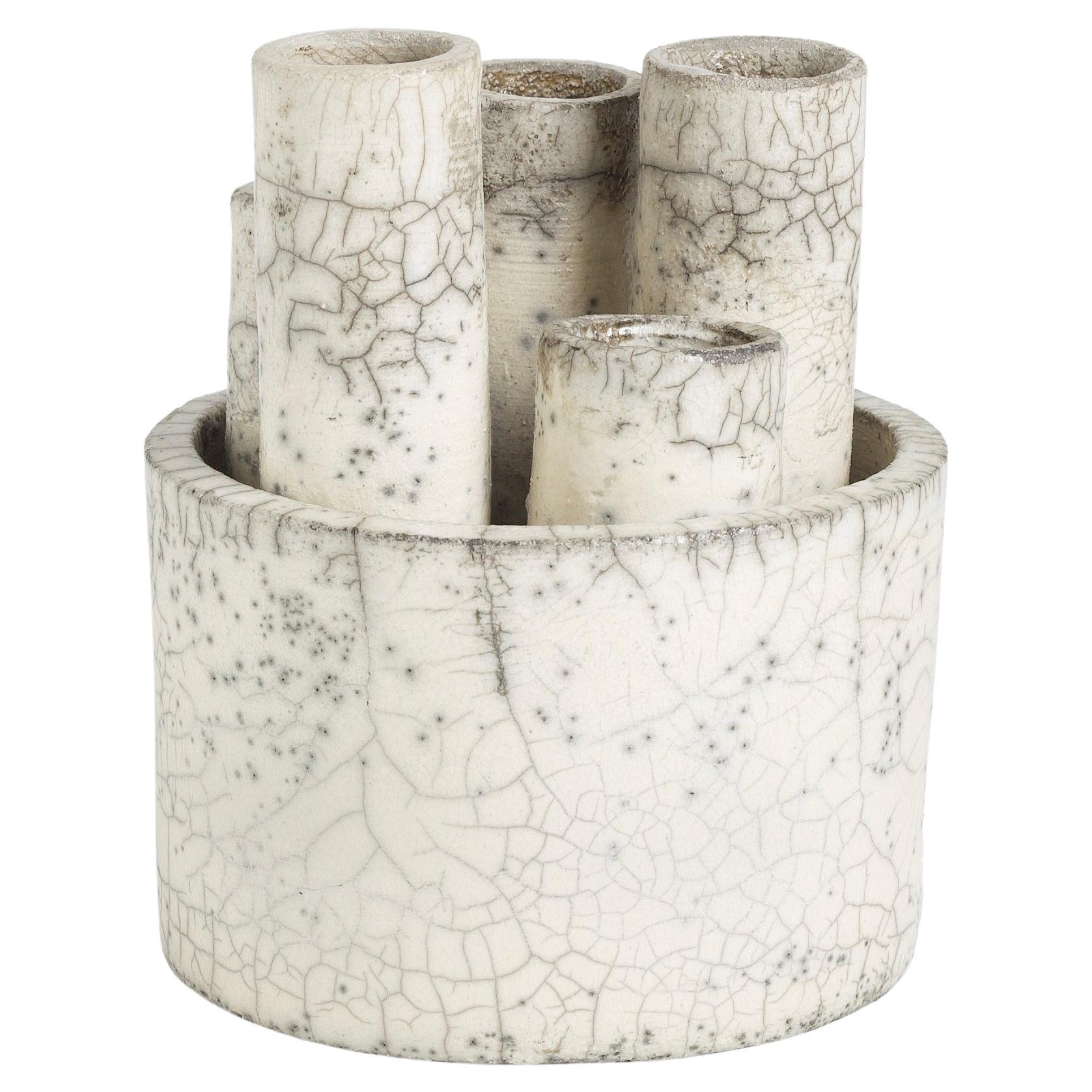 Modern Metropolis S Candle Holder Sculpture Raku Ceramic White Crakle For Sale