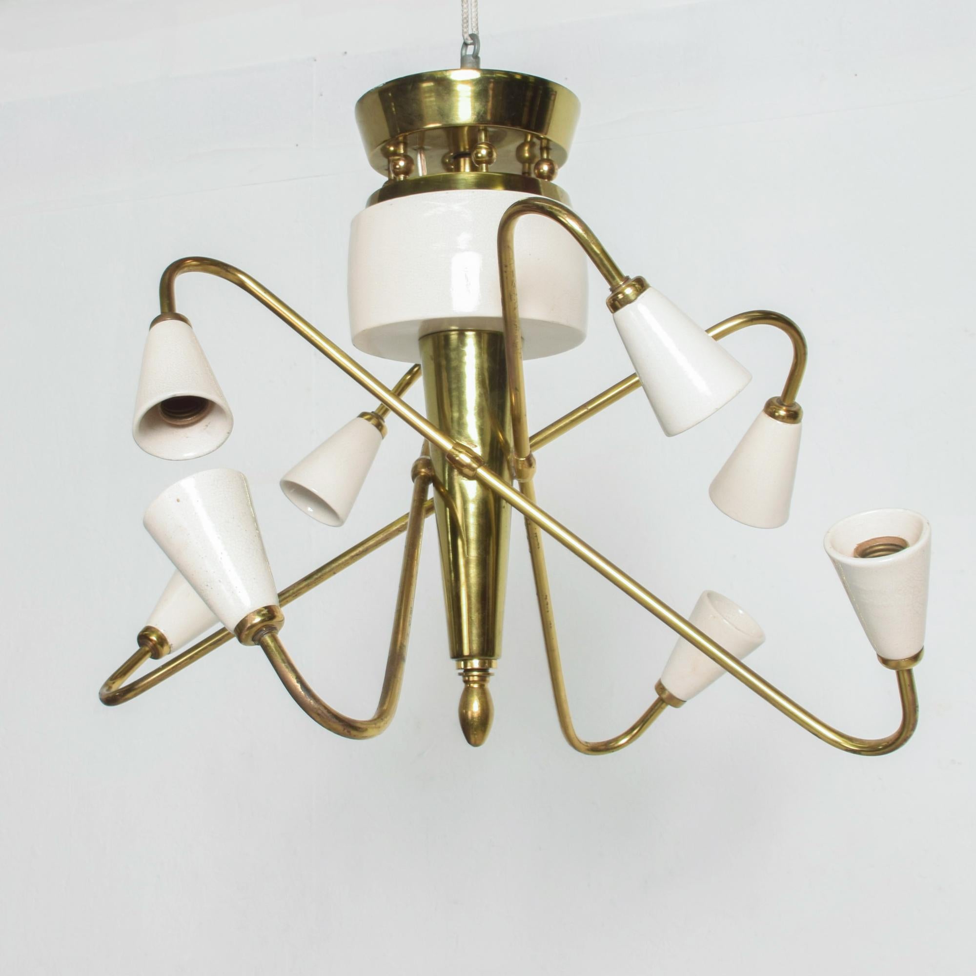 Mid-Century Modern Angular Brass Chandelier White Ceramic Shades Arturo Pani 1970s Modern Mexico For Sale