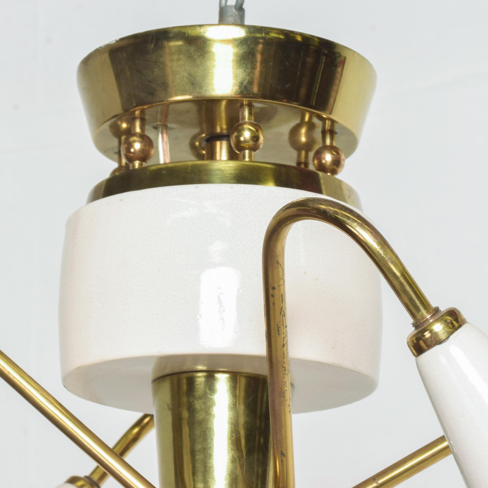 Angular Brass Chandelier White Ceramic Shades Arturo Pani 1970s Modern Mexico For Sale 1