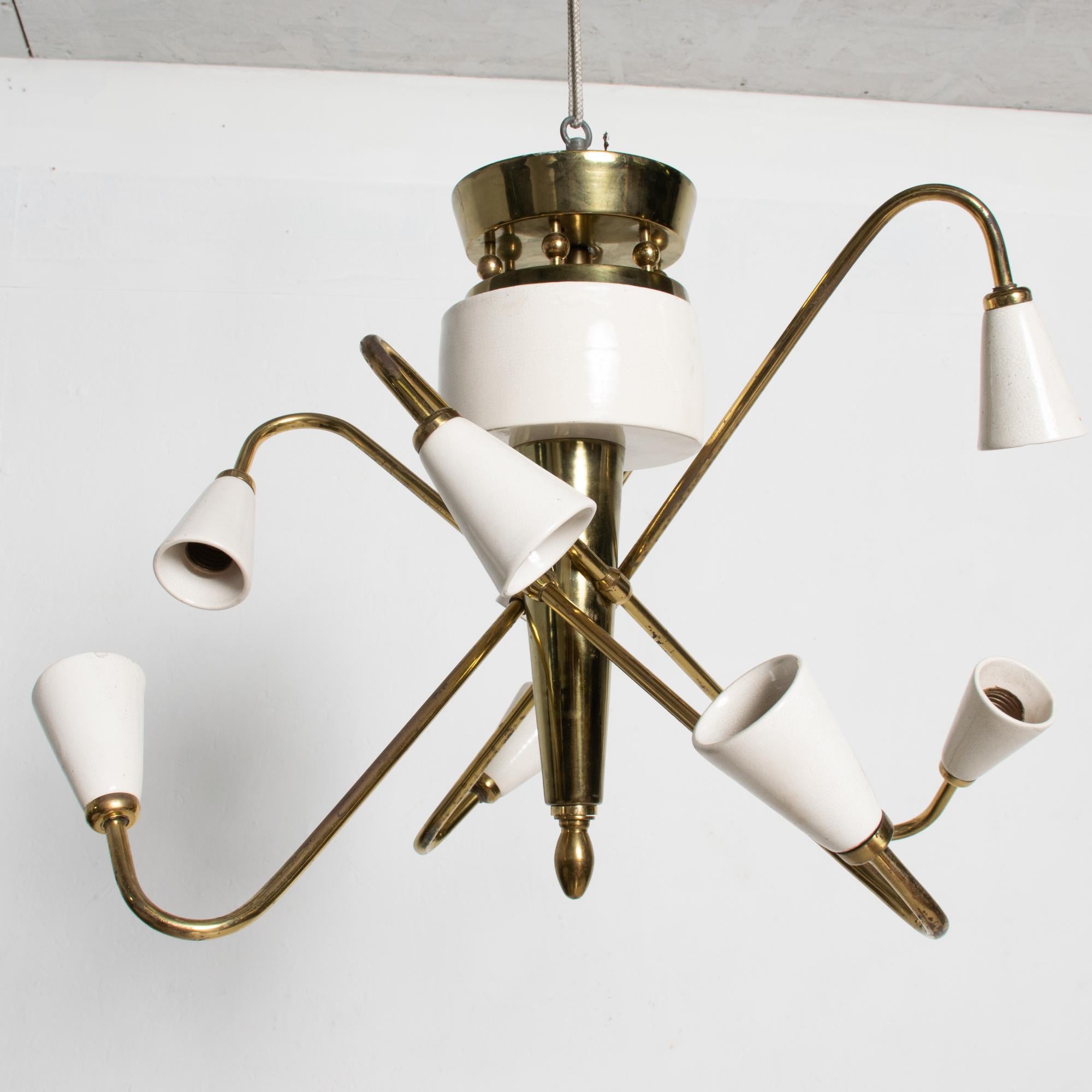 Angular Brass Chandelier White Ceramic Shades Arturo Pani 1970s Modern Mexico In Good Condition For Sale In Chula Vista, CA