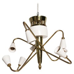 1970s White Ceramic Brass Chandelier Style Arturo Pani Mexico