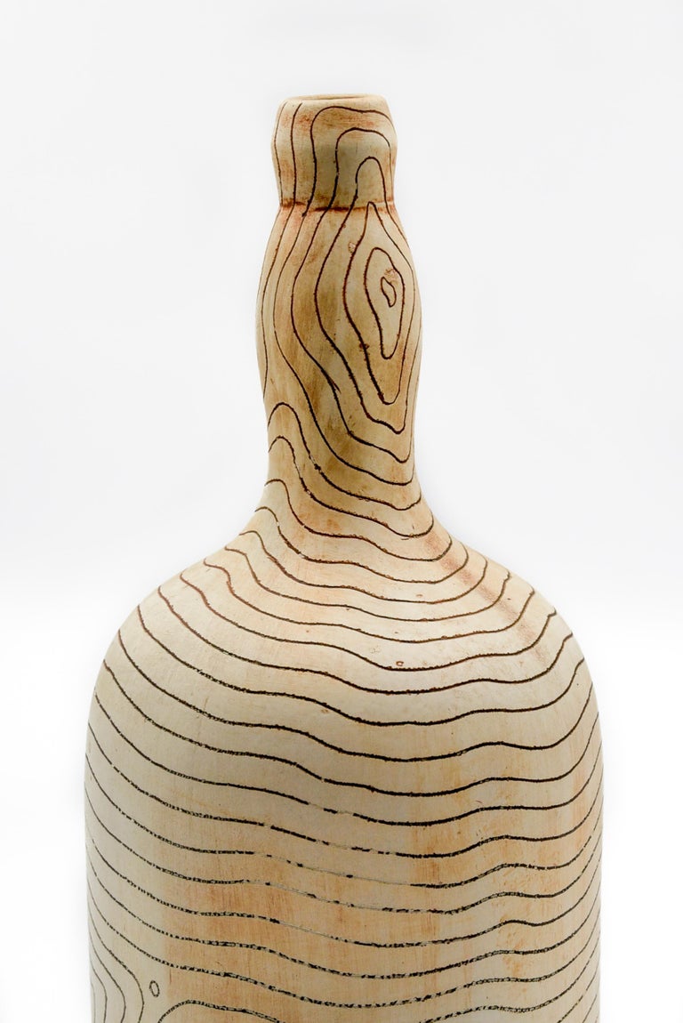 Hand-Crafted Modern Mexican Rustic Clay Vessel Bottle Pottery Made in Oaxaca Stripes Folk Art For Sale
