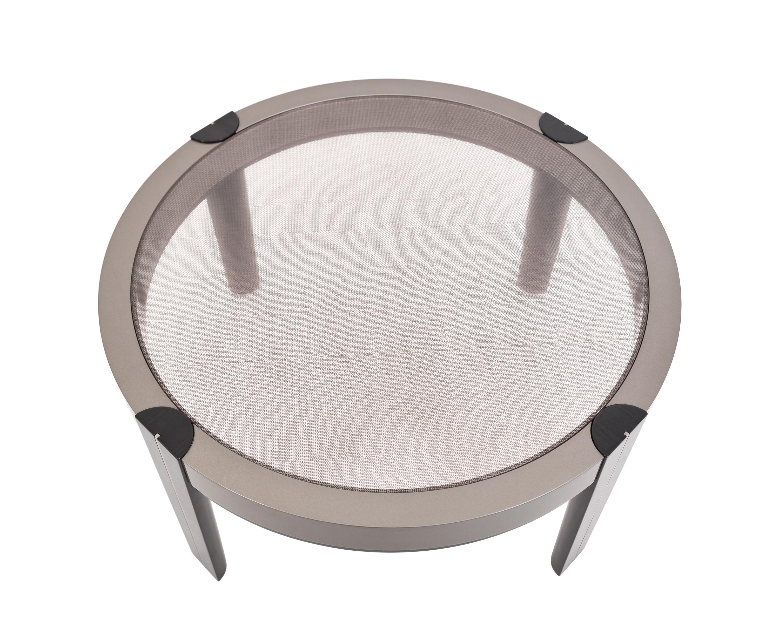 Hand-Crafted Modern Meyer Round Center Table with Glass Top For Sale