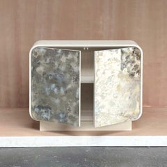 Modern Mezza Luna Curved Two Door White Dust Eglomise Platform Buffet by Ercole