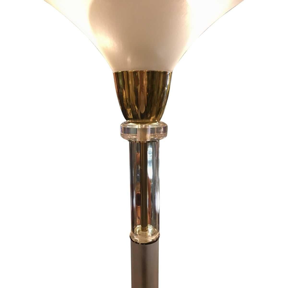 French Modern Midcentury Acrylic, Brass Torchiere Floor Lamp For Sale