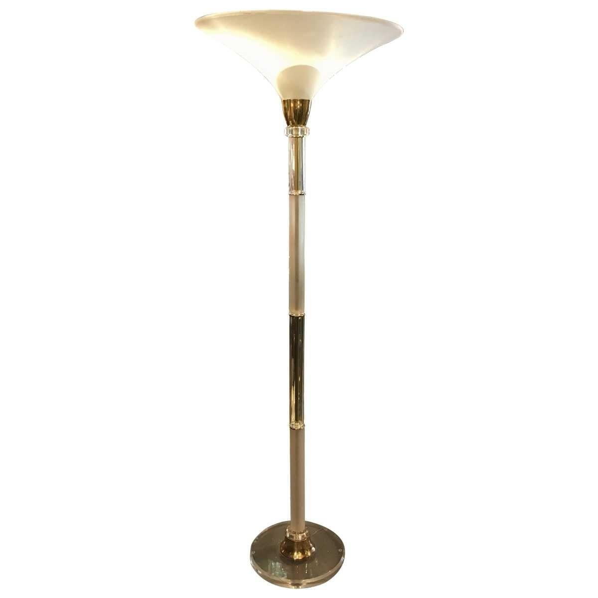 Modern Midcentury Acrylic, Brass Torchiere Floor Lamp For Sale