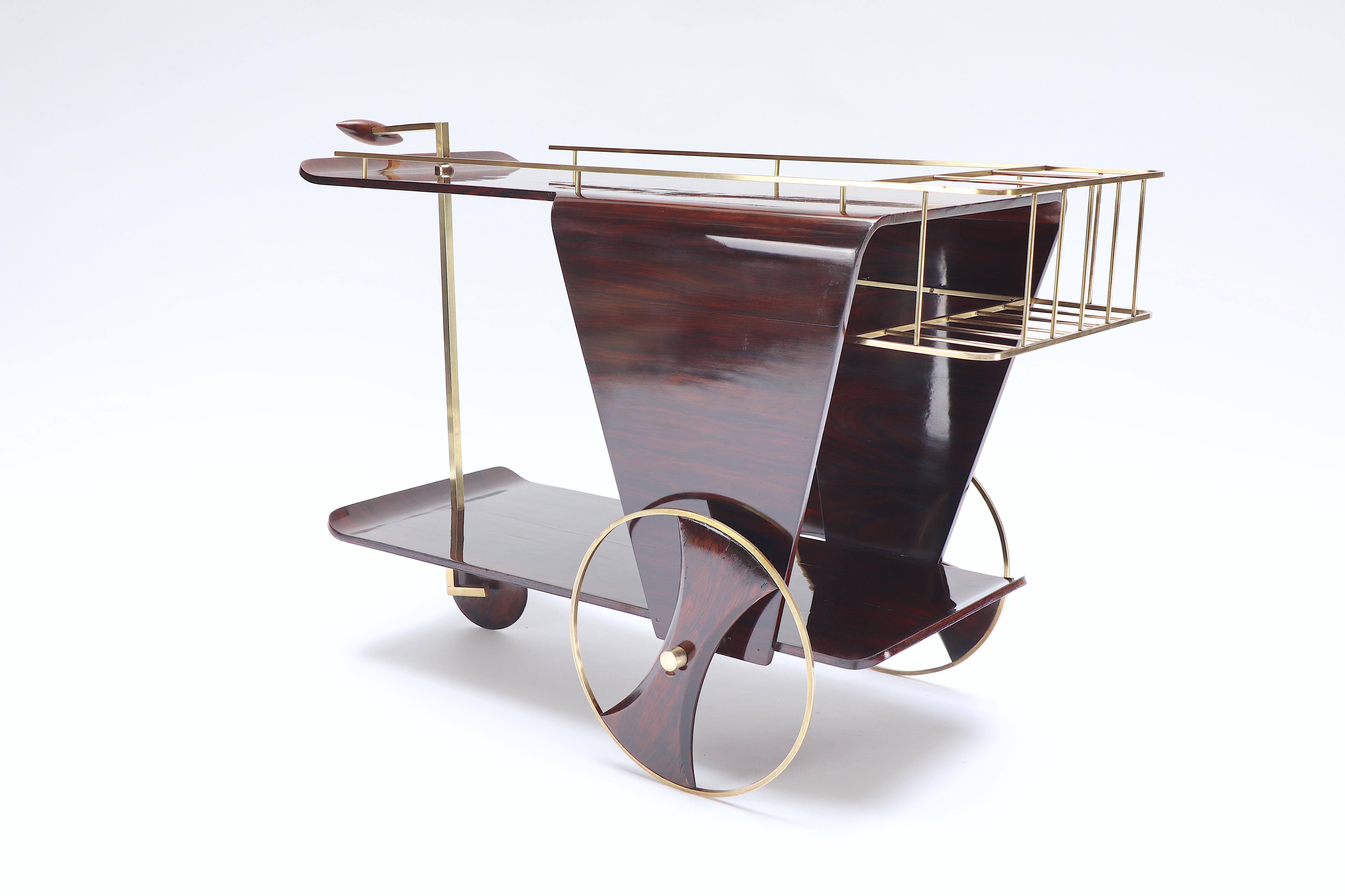 Modern Mid Century Bar Cart, plywood and brass, Brazil In Good Condition For Sale In PARIS, FR