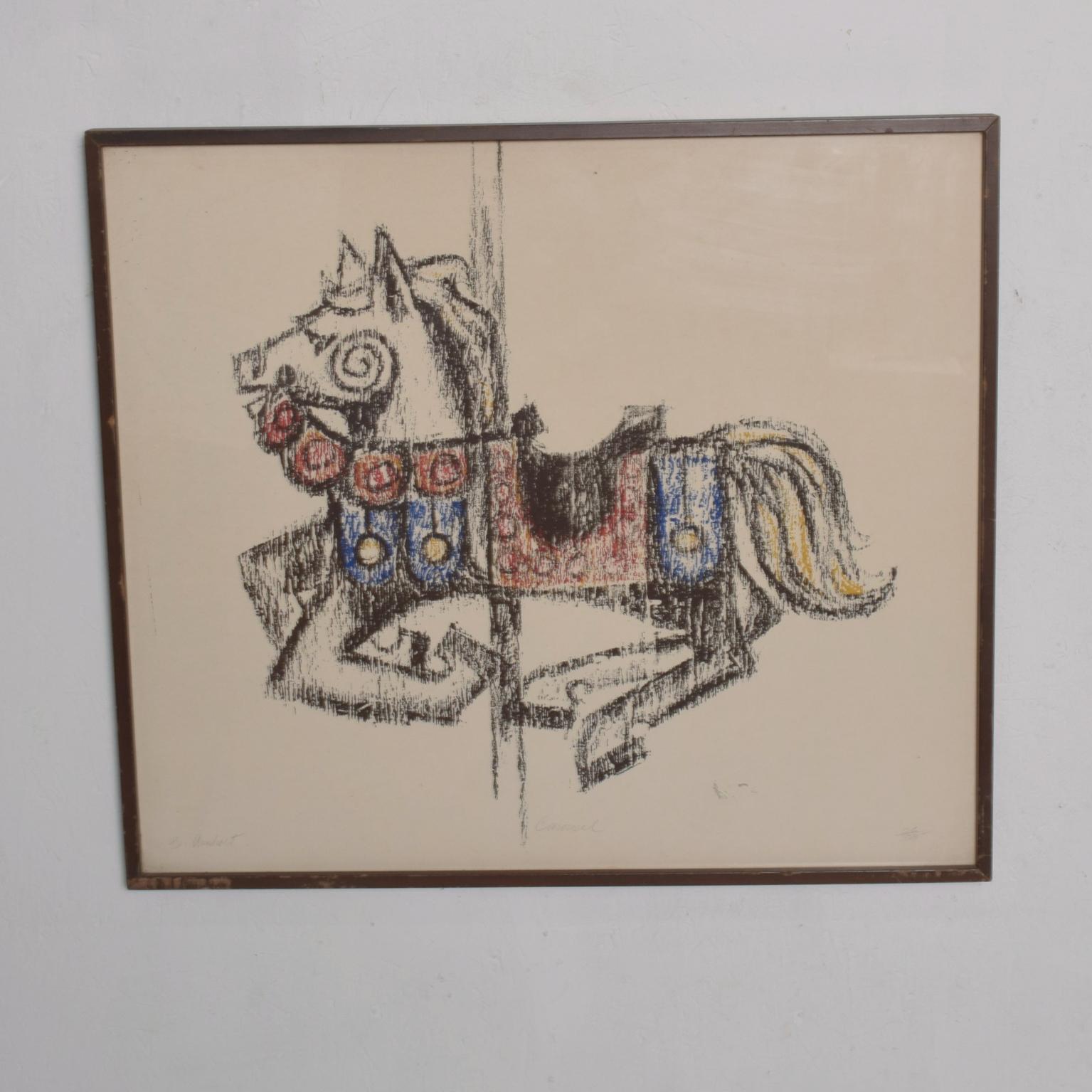 Mid-Century Modern 1970s Modern Carousel Horse Colorful Lithograph signed B. Arnholt
