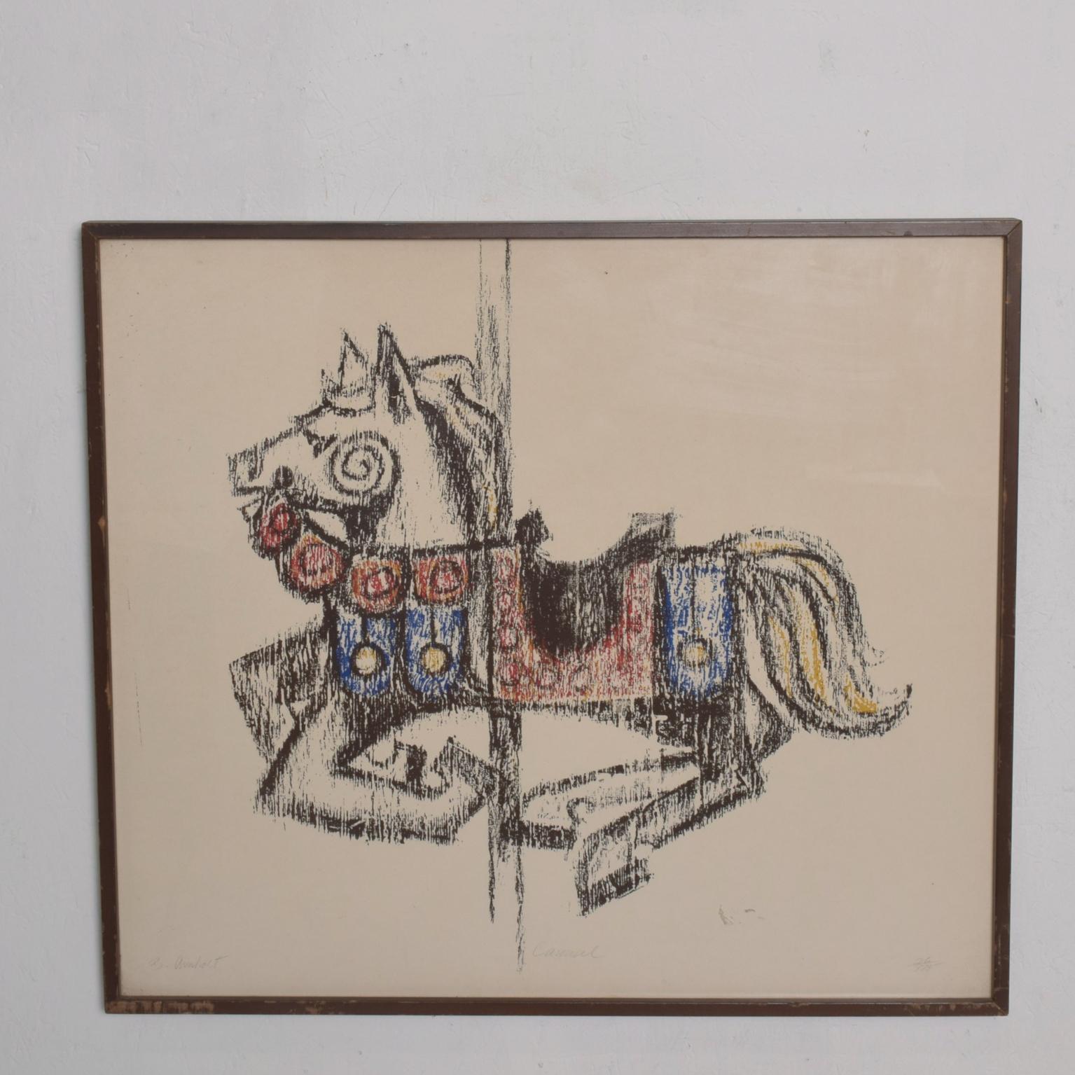 1970s Modern Carousel Horse Colorful Lithograph signed B. Arnholt