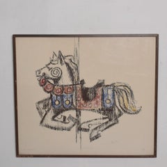 1970s Modern Carousel Horse Colorful Lithograph, Signed B Arnholt
