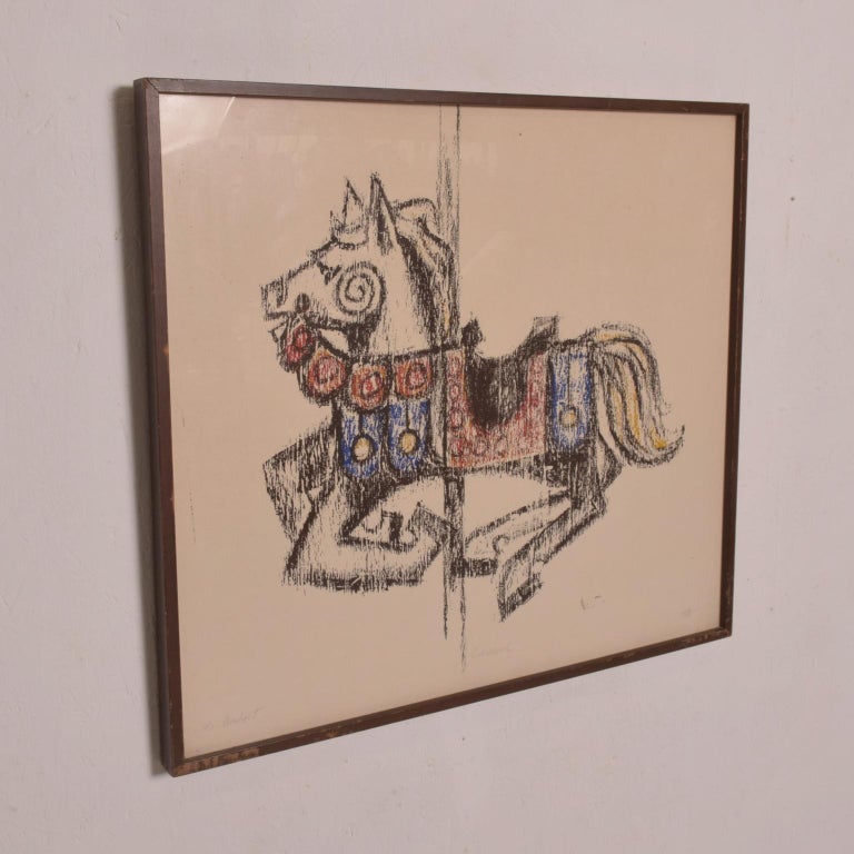 American 1970s Modern Carousel Horse Colorful Lithograph, Signed B Arnholt For Sale
