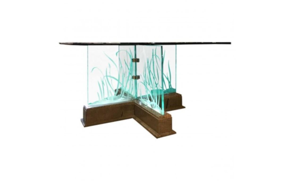 Modern midcentury etched glass
lights up illuminated glass top dining table.
Stone base.
Design refers to architecture, furniture, and decorative items inspired by the 