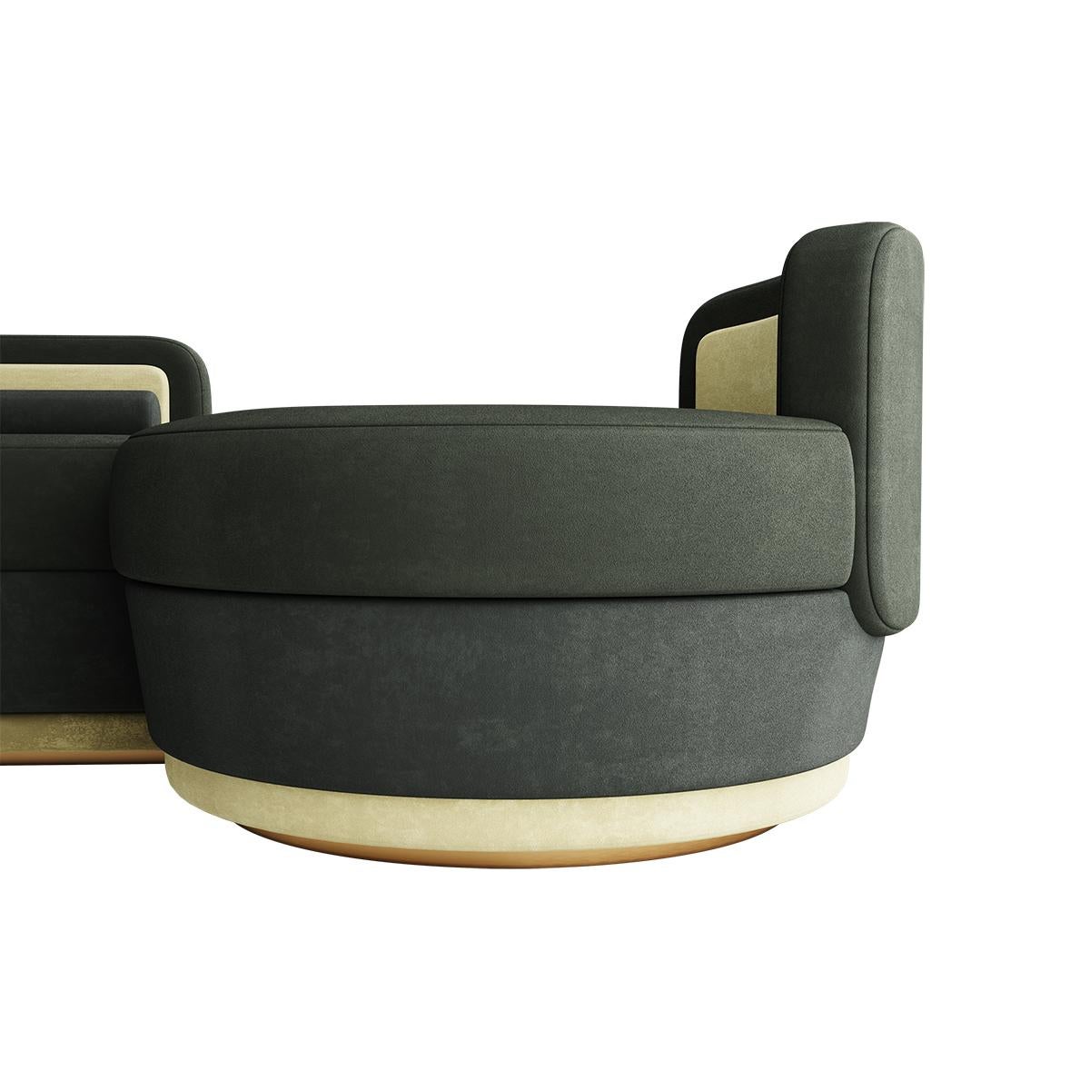 Mid-Century Modern Canapé moderne incurvé vert avec tables d'appoint et détails en or en vente