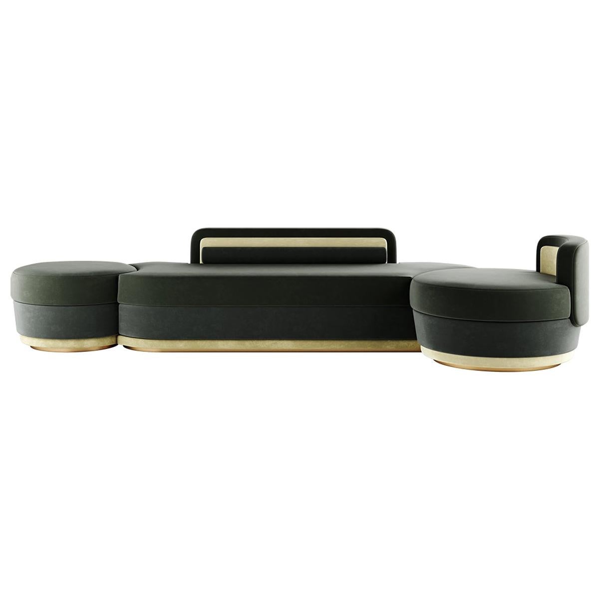 Modern Mid-Century Modular Curved Green Sofa with Side Tables and Gold Details