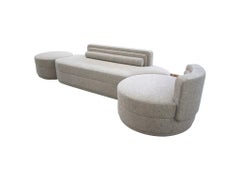 Mid-Century Style Modular Curved Grey Sofa With Side Tables and Gold Details