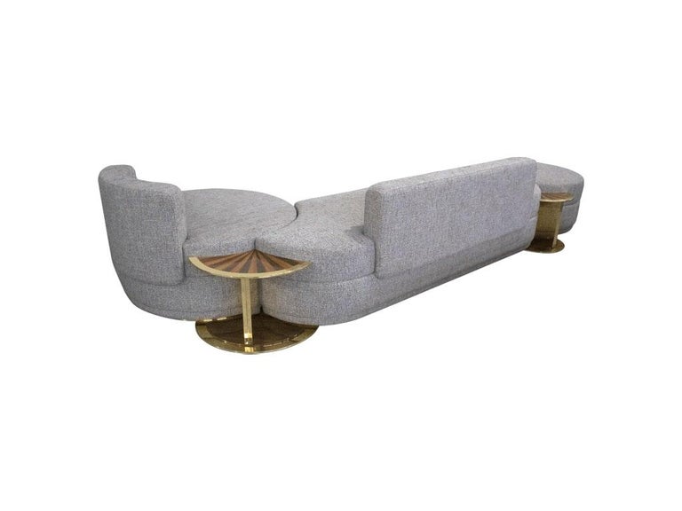 Mid-Century Modern Modern Mid-Century Modular Curved Grey Sofa with Side Tables and Gold Details For Sale
