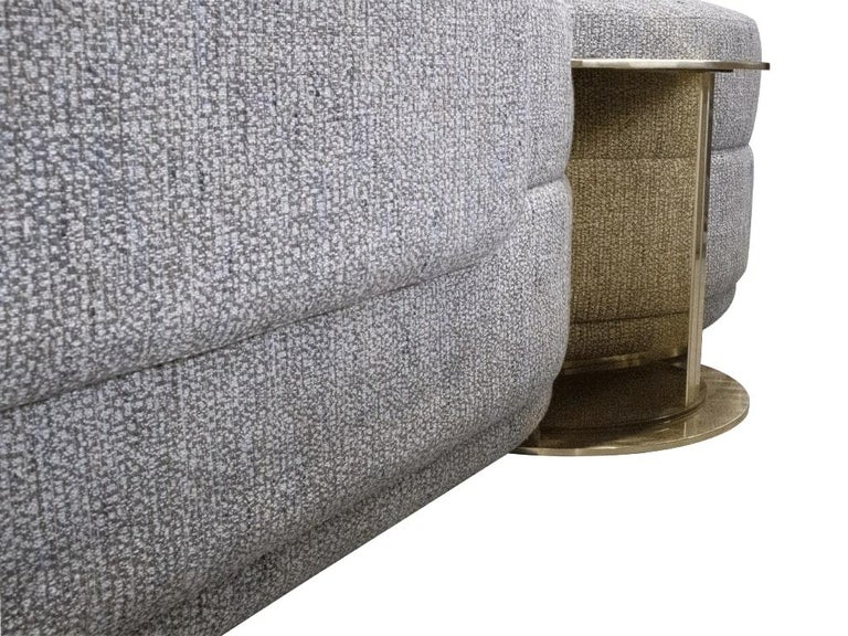 Fabric Modern Mid-Century Modular Curved Grey Sofa with Side Tables and Gold Details For Sale