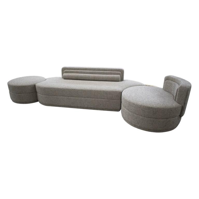 Mid-Century Style Modular Curved Grey Sofa With Side Tables and Gold Details For Sale