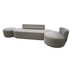 Mid-Century Style Modular Curved Grey Sofa With Side Tables and Gold Details