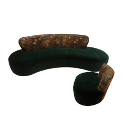 Modern Mid-Century Style Green and Forest Motif Curved Sofa and Armchair France