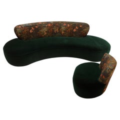Modern Mid-Century Style Green and Forest Motif Curved Sofa and Armchair France