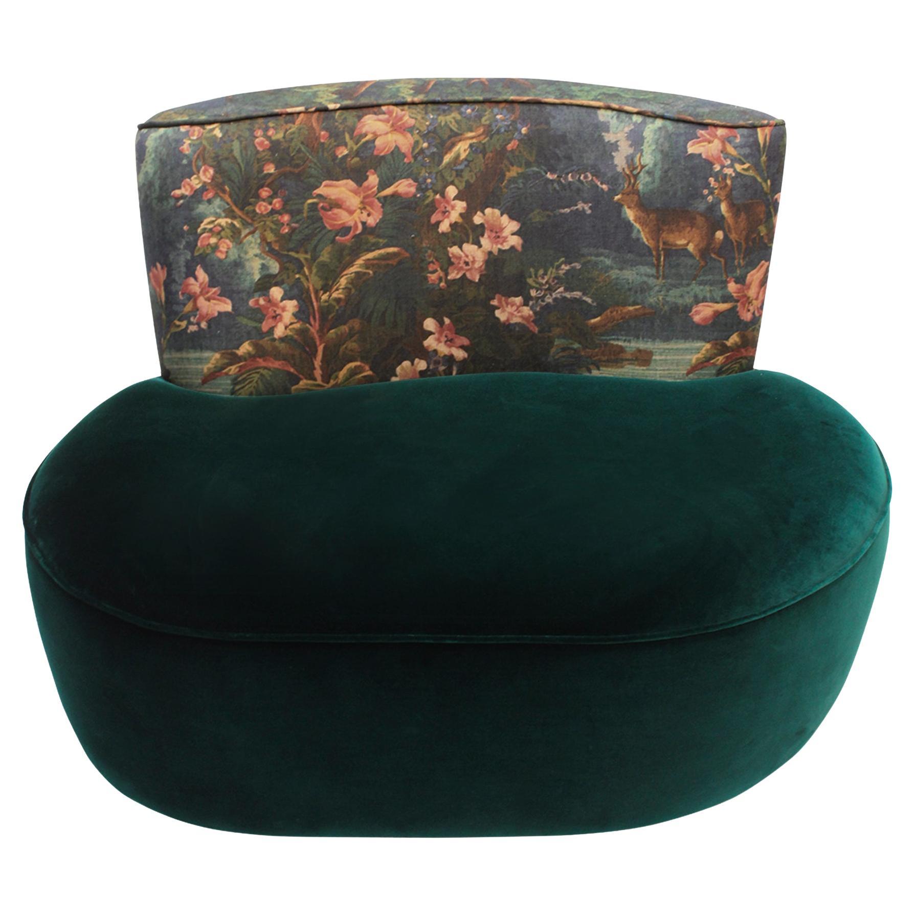 Moderner Sessel im Mid-Century-Stil mit Grün- und Waldmotiv aus Leinen und Samt Frankreich