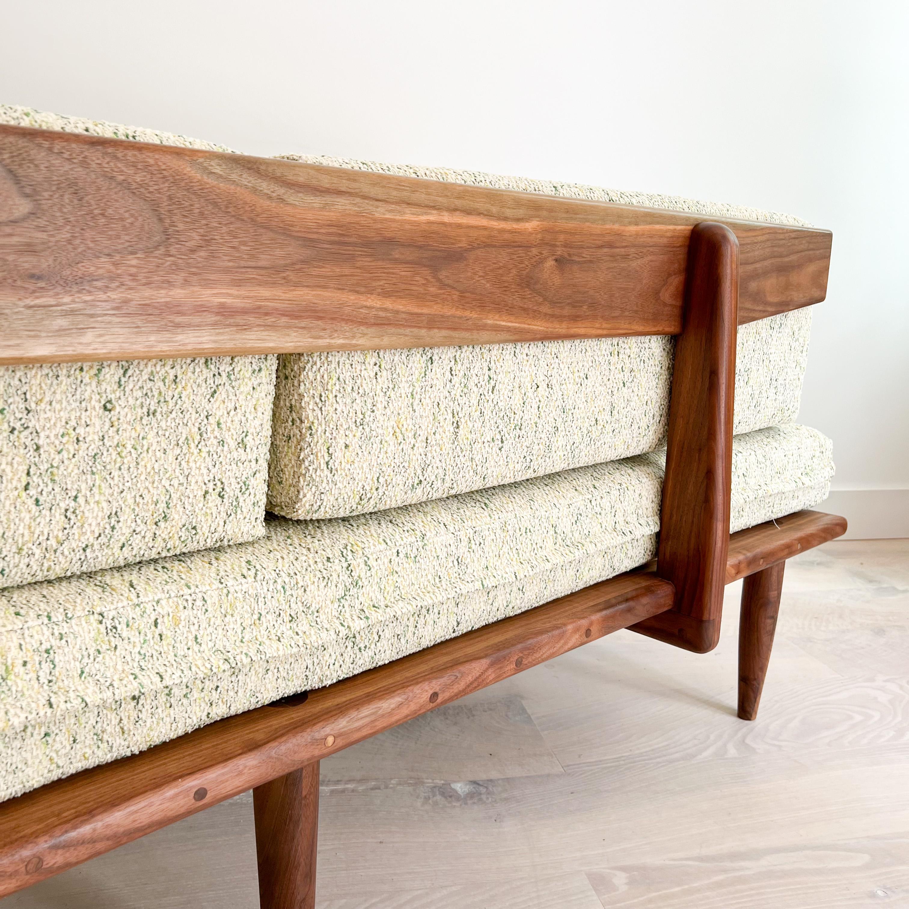 Modern Mid-Century Style Handmade Sculpted Walnut Platform Sofa Boomerang Legs 8
